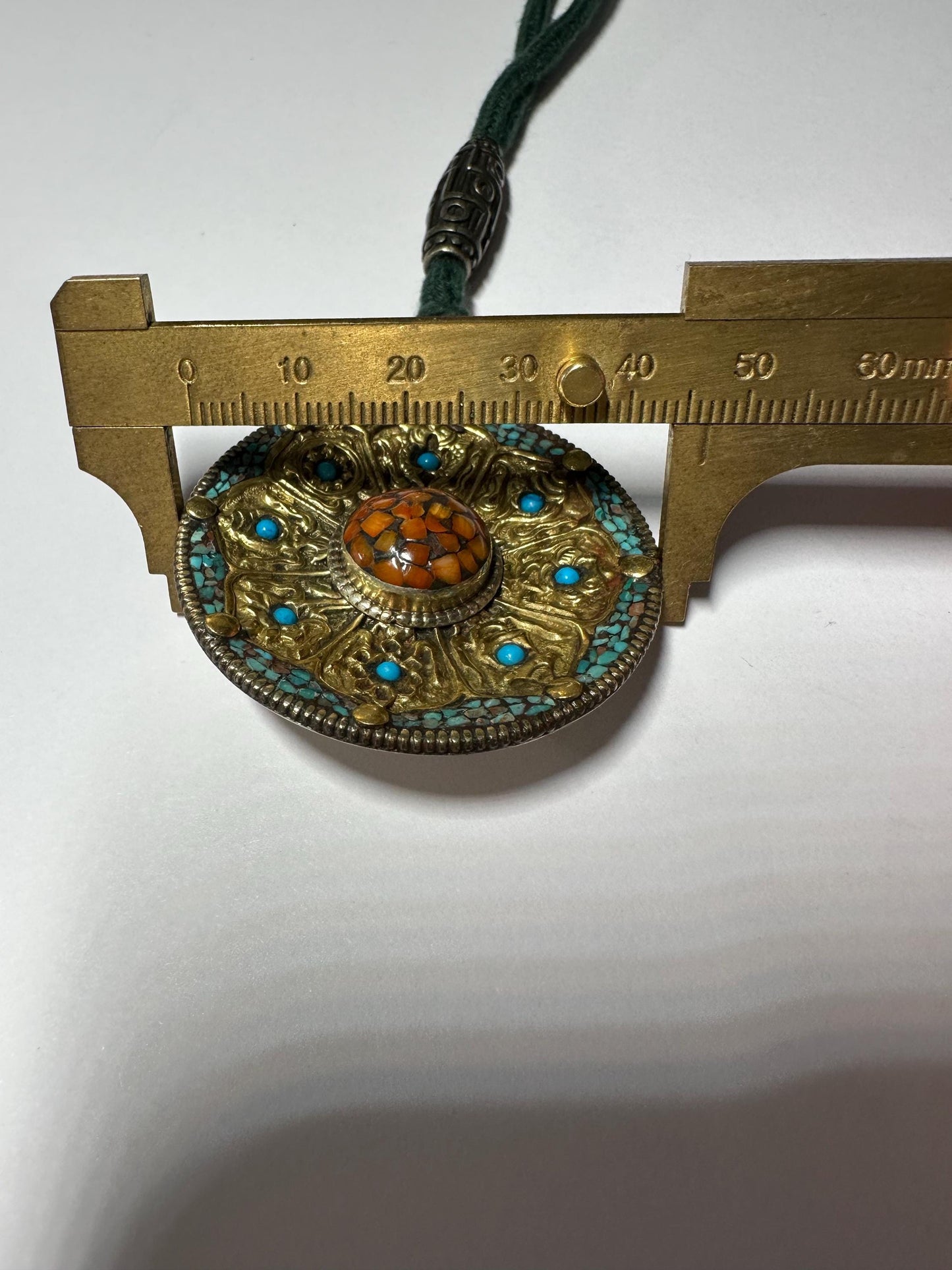 Tibetan Brass Pendant: Eight Auspicious Symbols, Turquoise & Coral Inlay