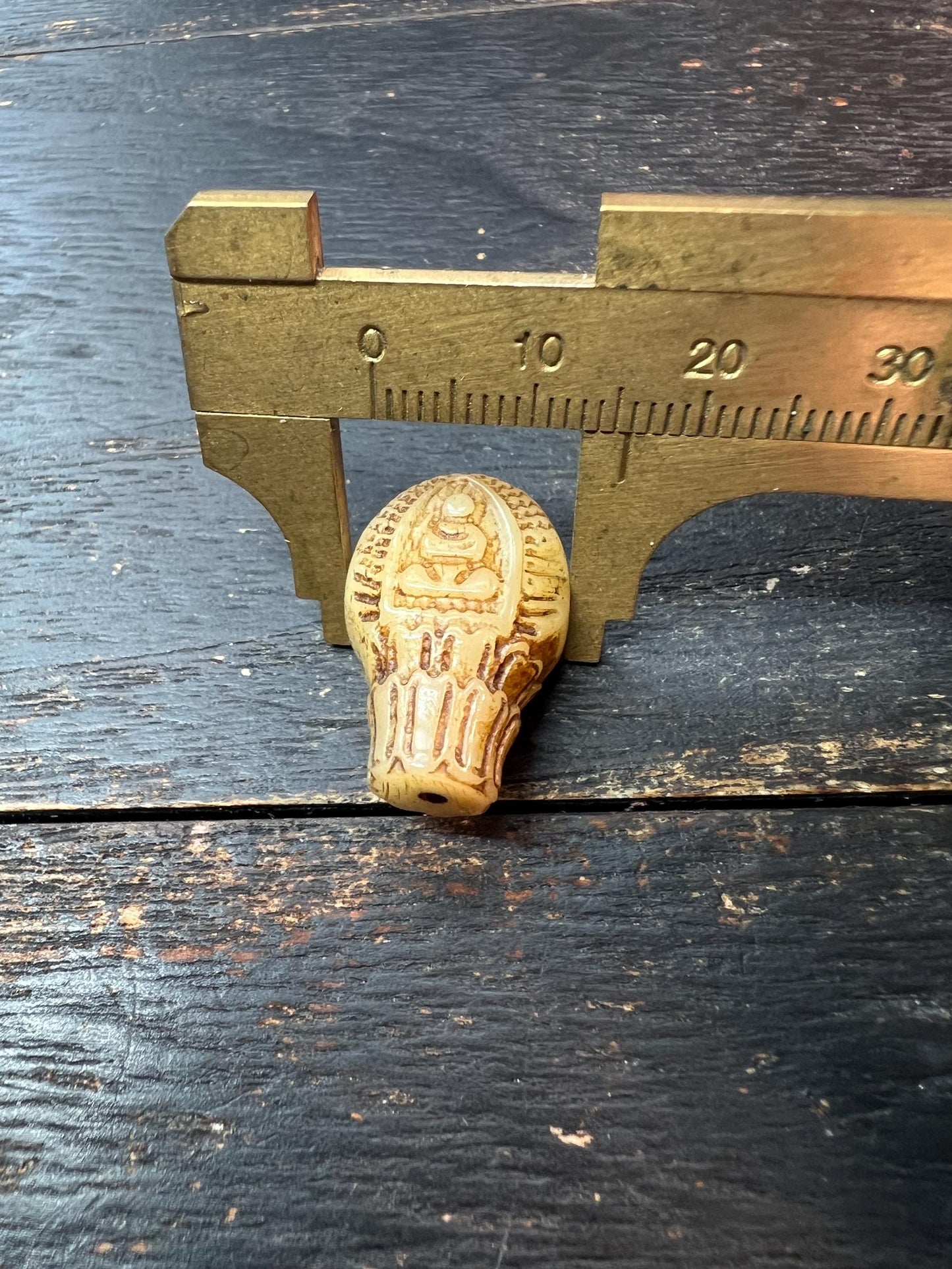 Tibetan Camel Bone Guru Bead – Carved Buddha & Mantra Dots, Three-Way Connector