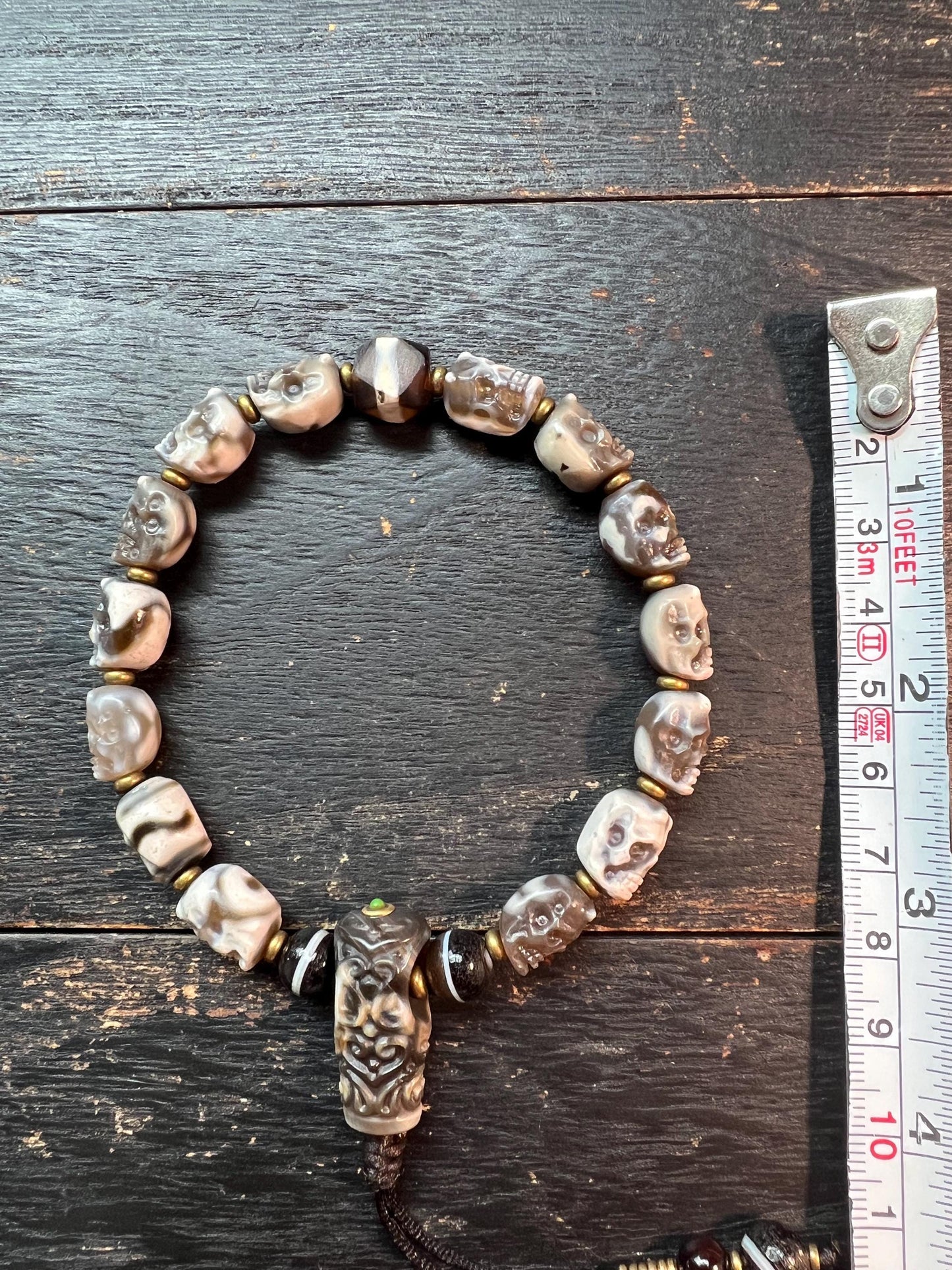 Tibetan Skull Mala Bracelet: Agate Charnel Beads, Dragon Dzi, Vajra Amulet