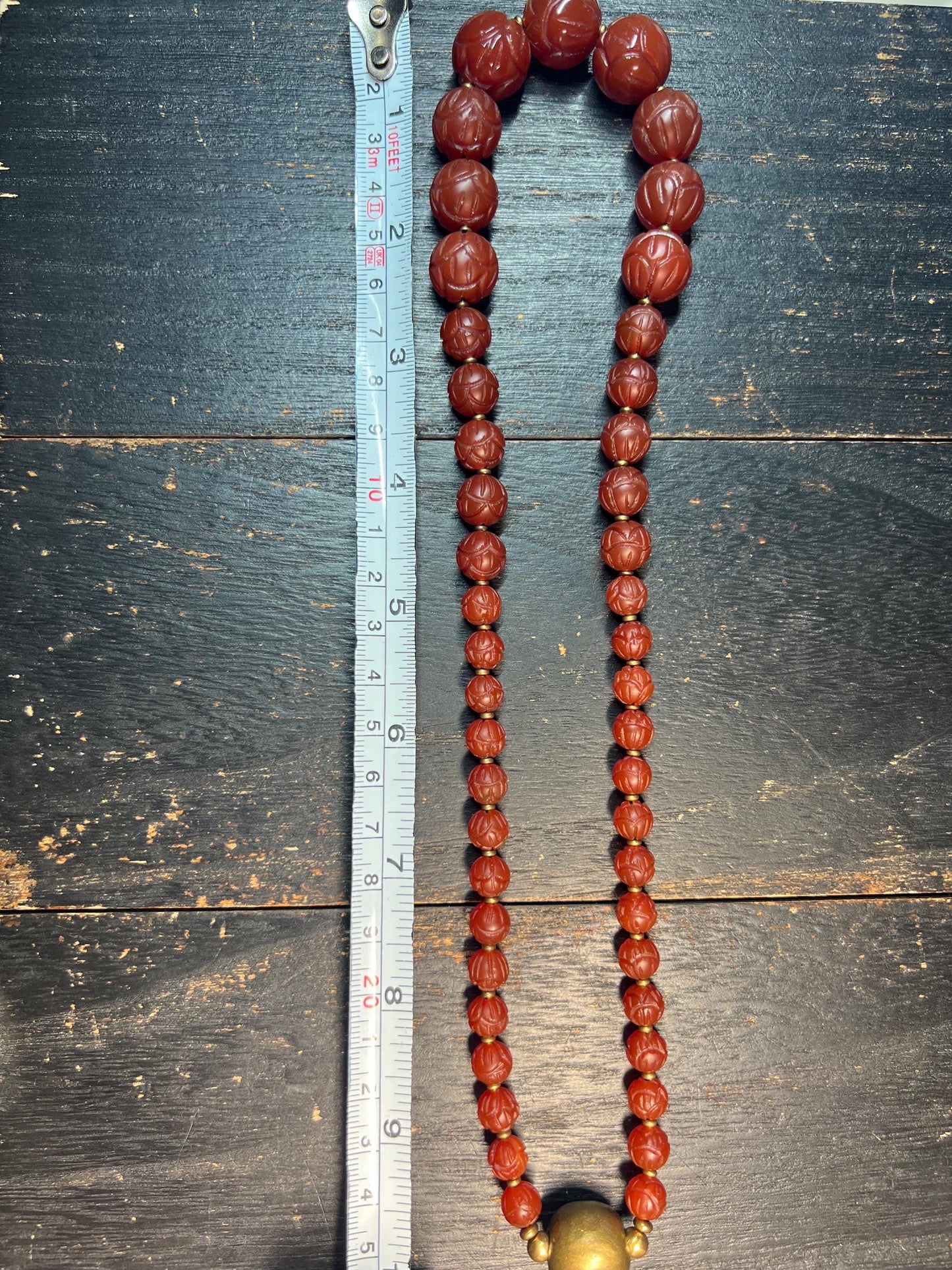 Handmade Tibetan Red Agate Mala – 47 Carved Prayer Beads with Copper Guru Bead, Buddhist Meditation Necklace, Spiritual Jewelry