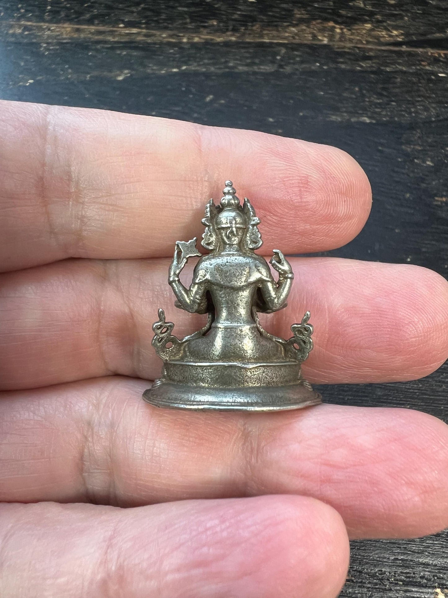 Mini White Copper Four-Armed Avalokiteshvara (Chenrezig) Statue, 30mm Buddhist Compassion Deity, Handmade Karma Altar Figurine