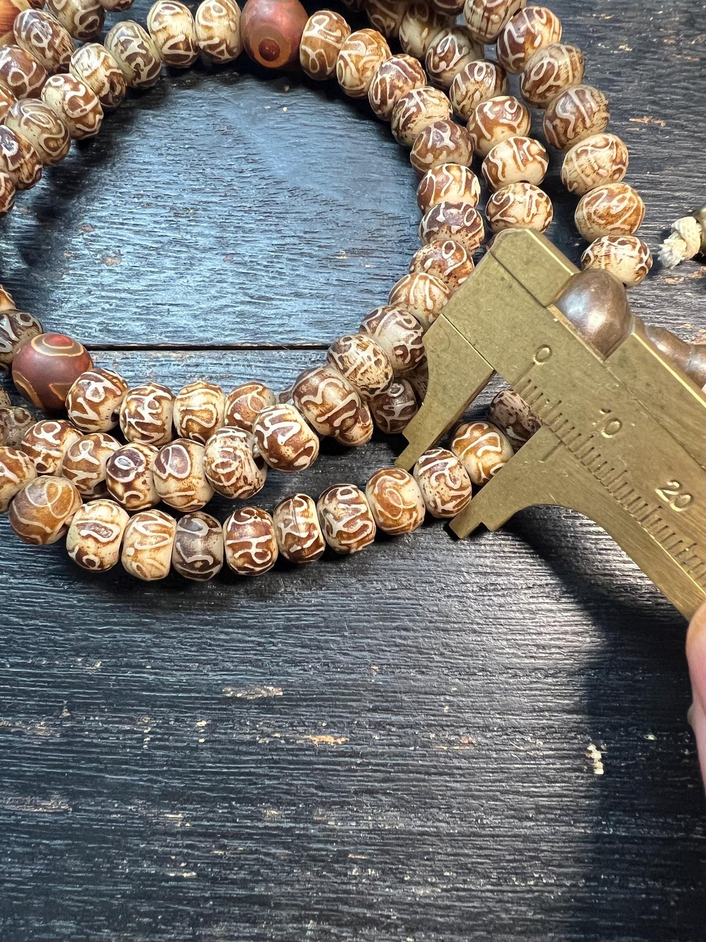 Handcrafted Yak Bone Mala – 108 Beads, Six-Syllable Mantra Carved, Dzi Bead, Brass Guru Bead, Tibetan Buddhist Prayer Necklace, 9mm 28”