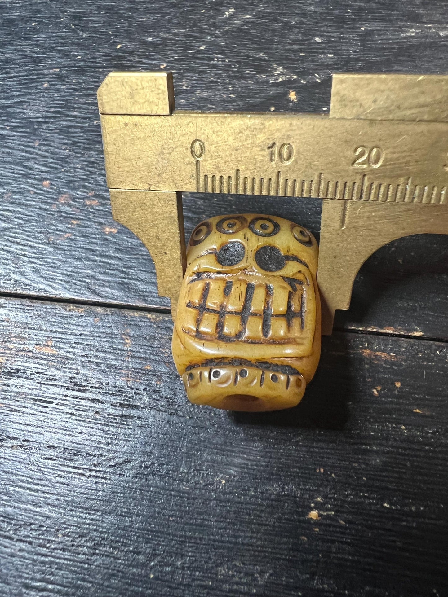 Hand-Carved Yak Bone Citipati Skull Guru Bead with Om Mani Mantra, Tibetan Charnel Ground Mala Focal, 3‑Hole Yak Bone Connector