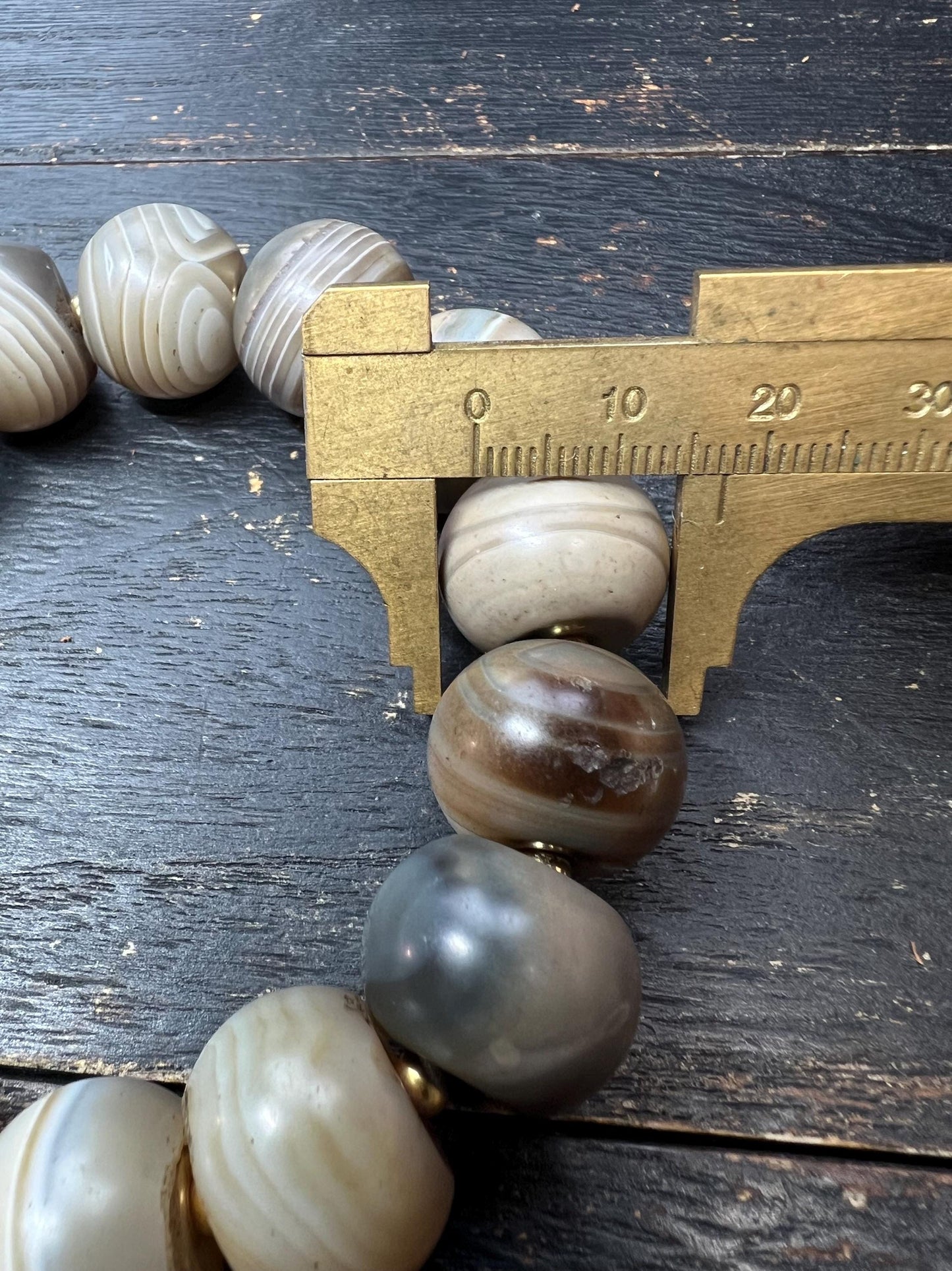 Large 17–18mm Banded Agate Bead Bracelet with Brass Spacers, Neutral Grey Cream Tones, Fits 9 Inch Wrist