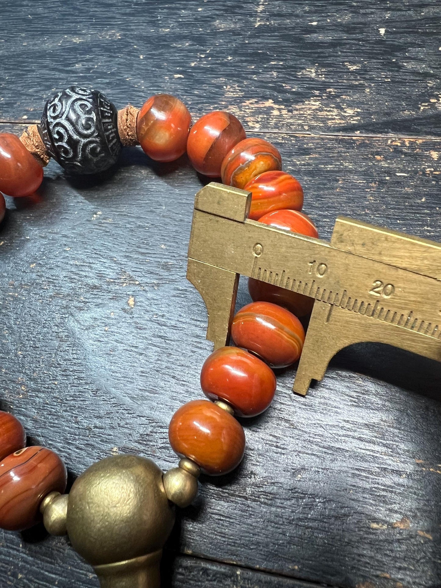 Red Agate Barrel Bead Bracelet with Brass Guru Bead and Carved Horn Center Bead, Tibetan-Style Adjustable Wrist Mala