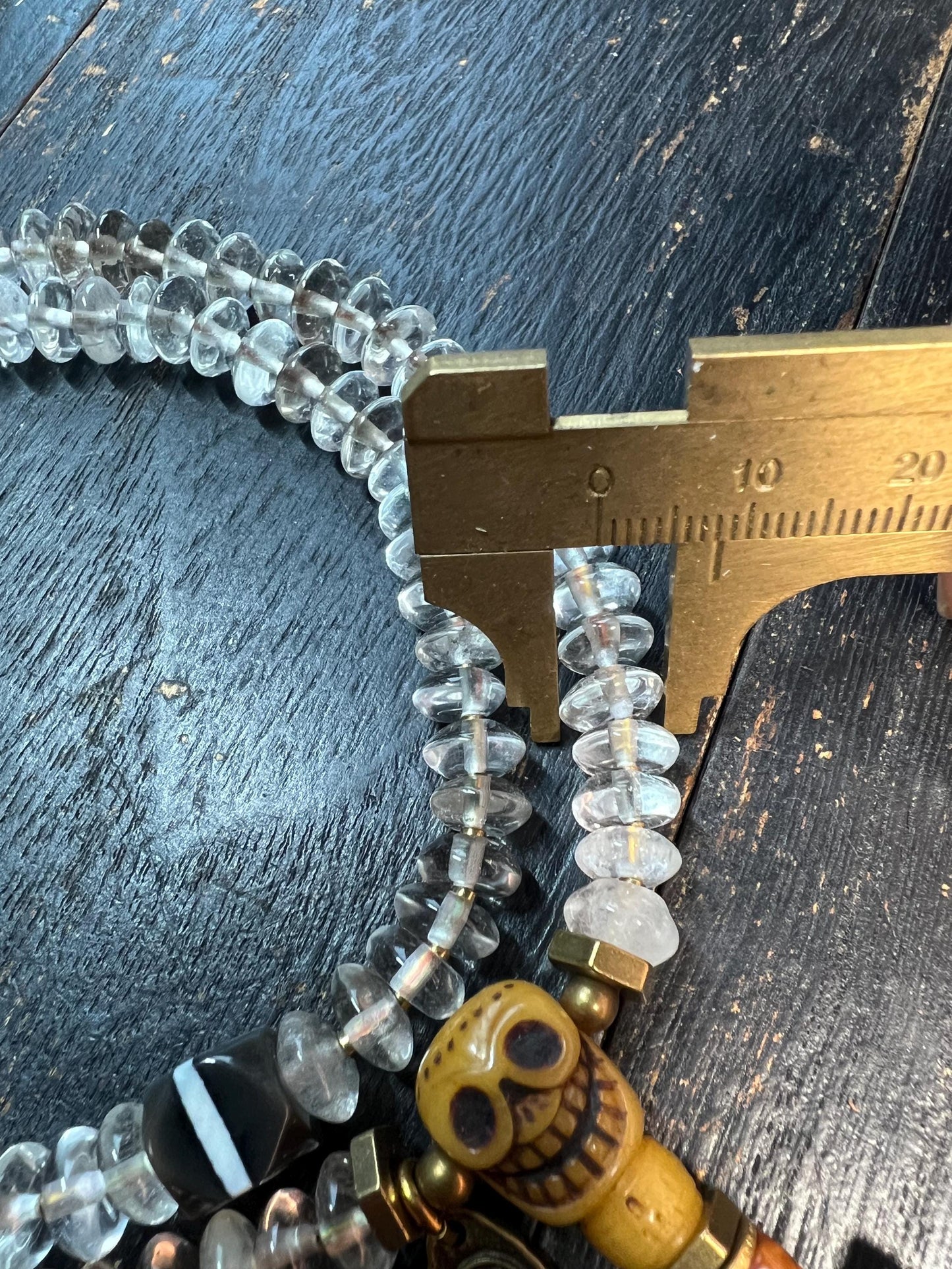 Handcrafted 108 Rock Crystal Bead Mala with Yak Bone Chödlin Skull Guru Bead, Agate Spacers & Copper Accents – Tibetan Prayer Necklace
