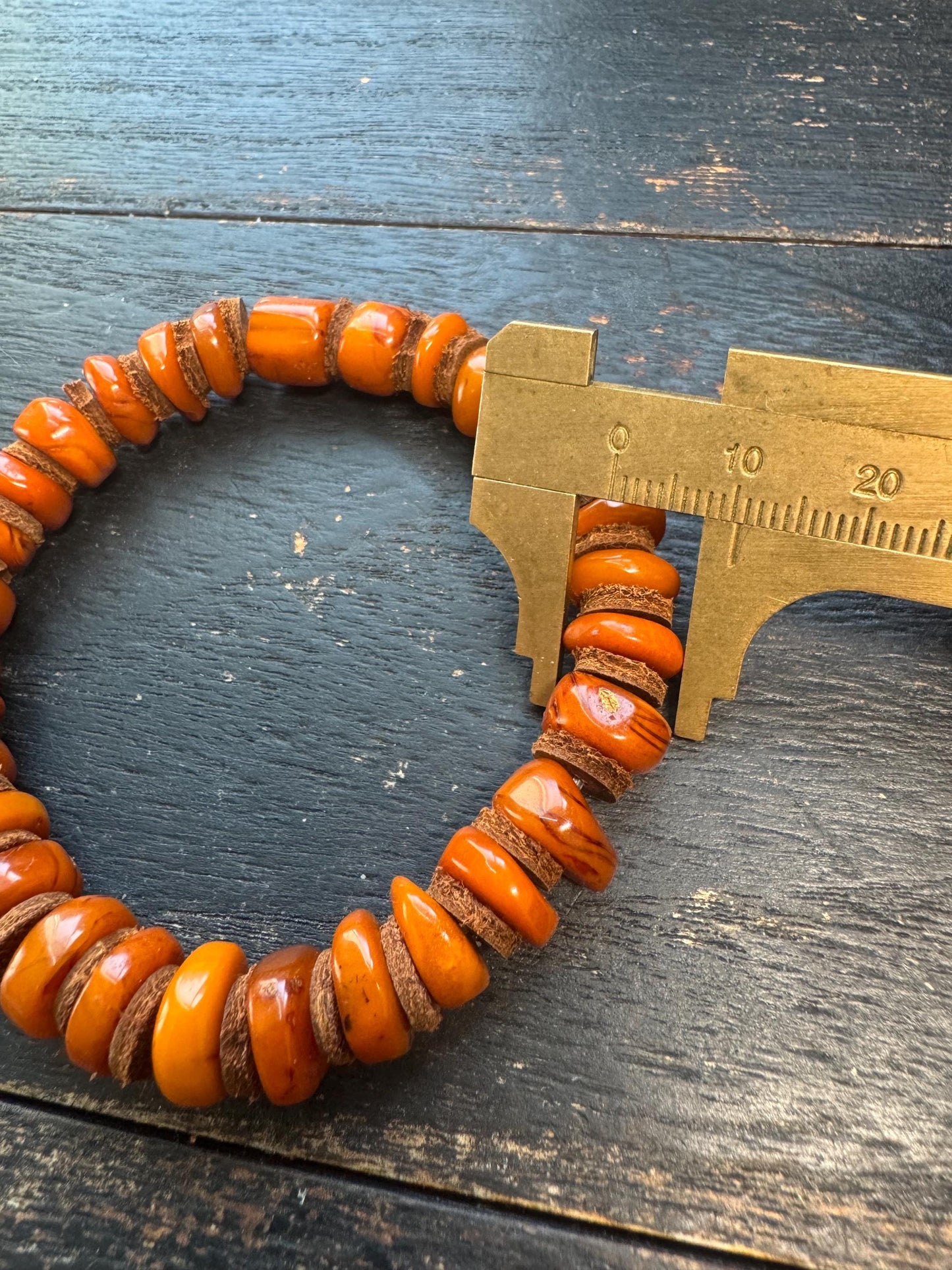 Natural Dark Honey Baltic Amber Bracelet with Leather Spacers, 9-11mm Beads, Fits Wrists Under 8 Inches, Meditation Jewelry