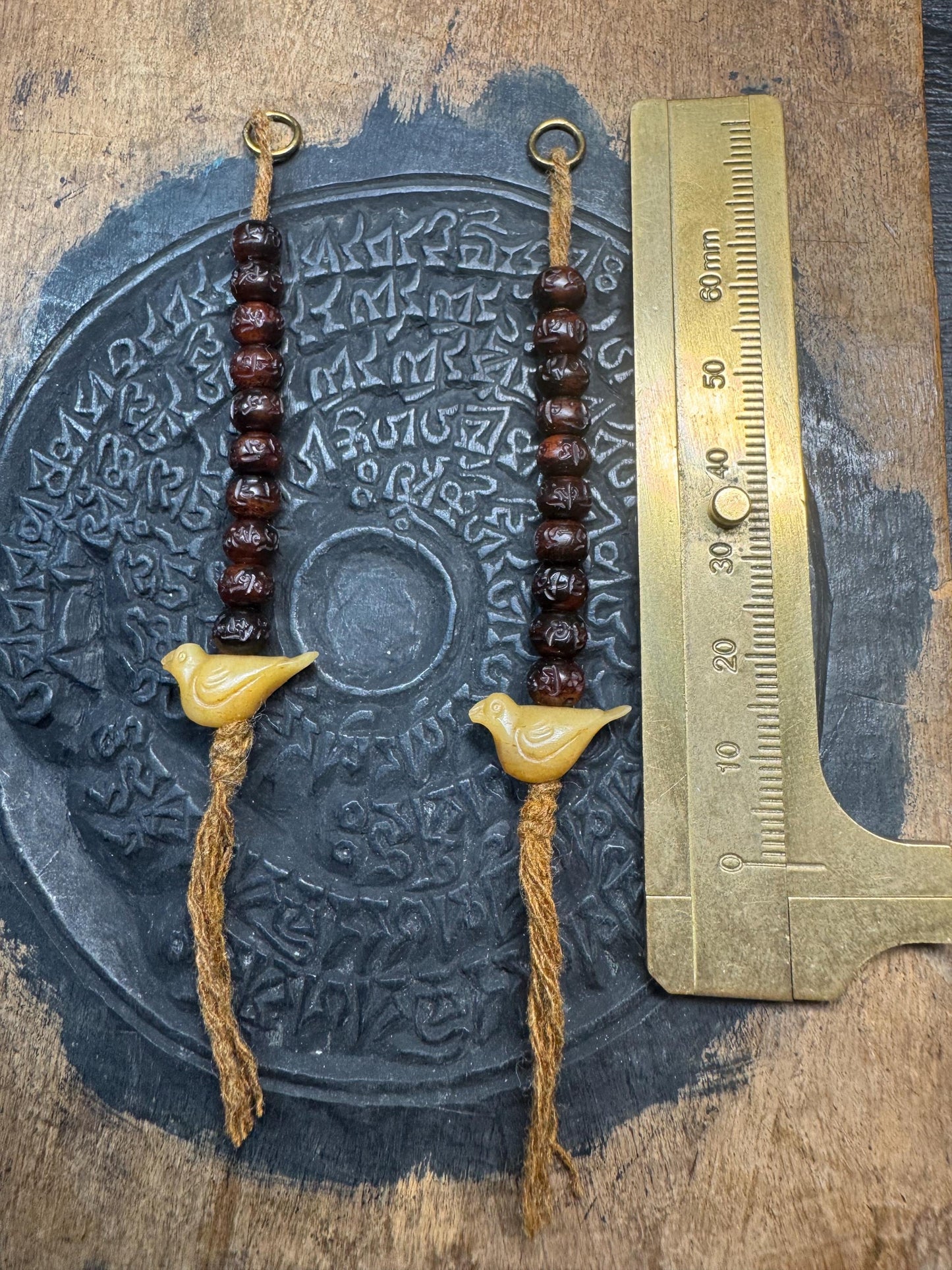 Hand-Carved Yak Bone Mala Counters with Bird Charms - OM Mani Padme Hum Mantra Beads, Tibetan Prayer Set of 2
