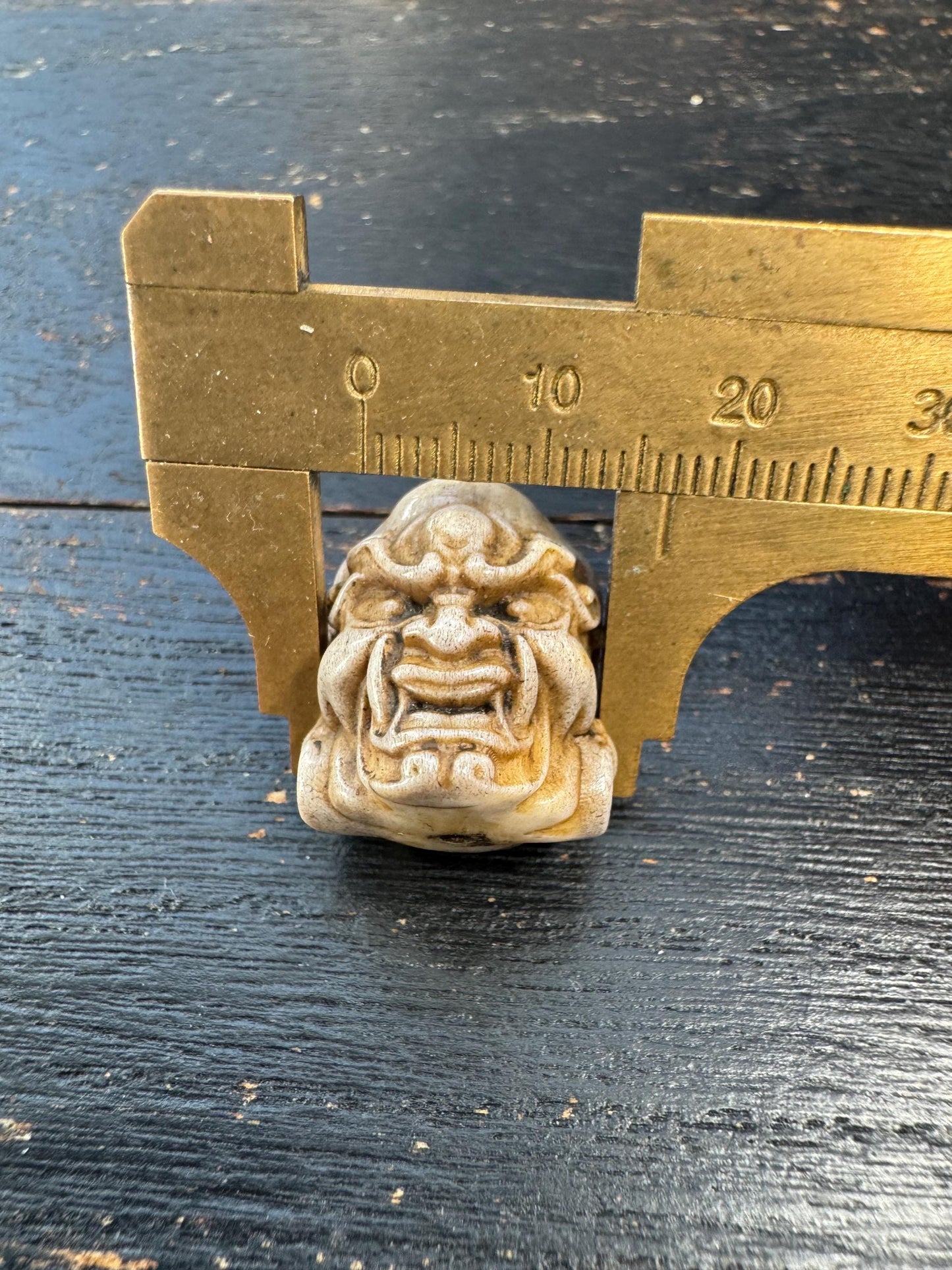 Deer Antler Wrathful Protector Head Bead – Tibetan Style Dharmapala Spacer – Hand Carved Skull Guardian Mala Bead