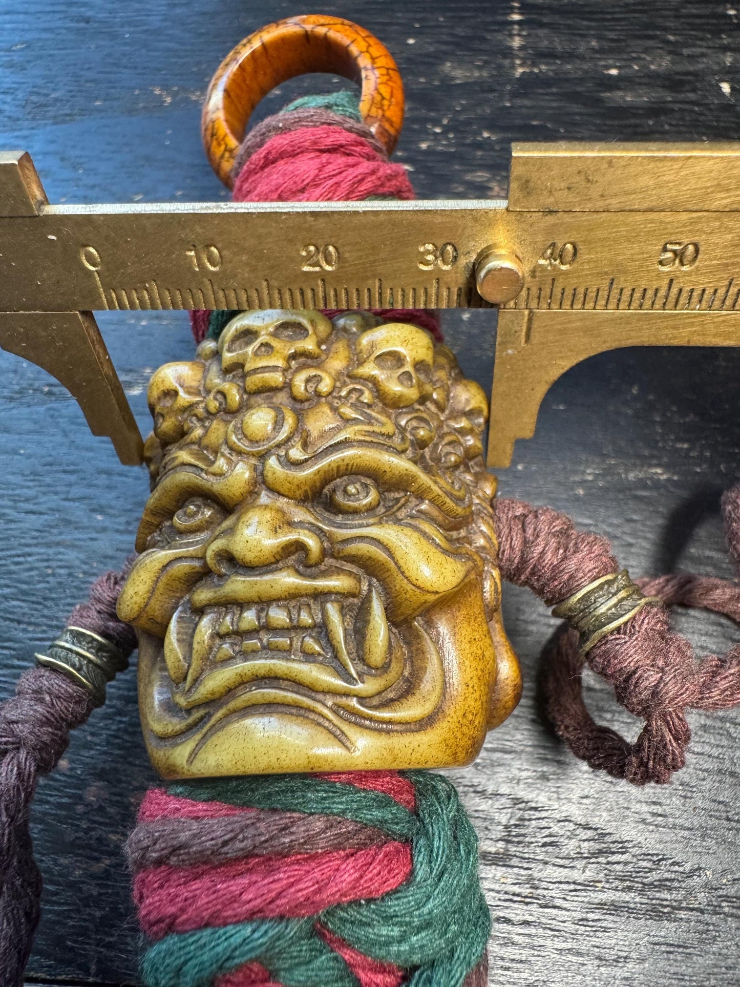 Hand Carved Yak Bone Wrathful Deity Pendant, Tibetan Nepal Protection Talisman, Large Spiritual Amulet with Braided Cord