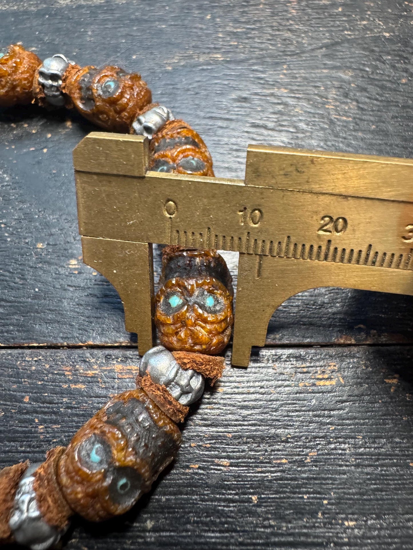 Tibetan Yak Bone Skull Bracelet – Chitipati Carved Bone Beads with White Copper Spacers, Leather Dividers, Buddhist Gothic Mala Style, 8 Inc