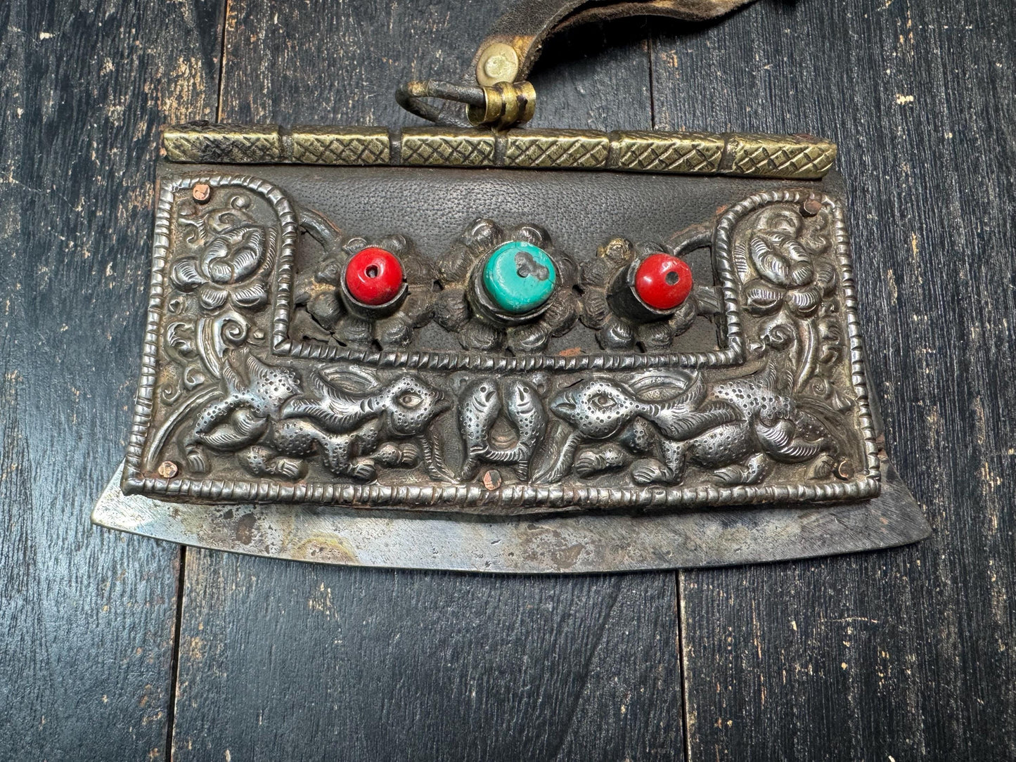 Antique Tibetan Mechag Flint Striker Pouch – Himalayan Chuckmuck Fire Starter Purse with Coral & Turquoise, Leather and Steel