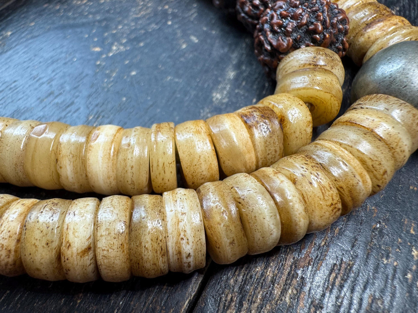108 Yak Bone Mala Necklace with Rudraksha Spacer Beads, 12mm Tibetan Prayer Beads, Handmade Buddhist Meditation Mala, 26 Inches