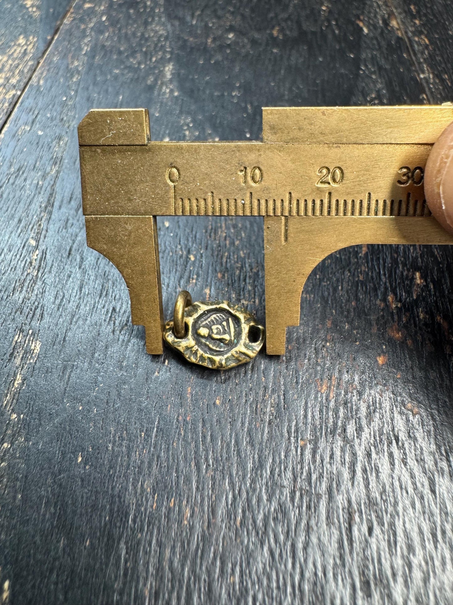 Mini Tibetan Brass Amulet Pendant – Double Sided Seed Symbol Charm – Antique Style Small Talisman Charm