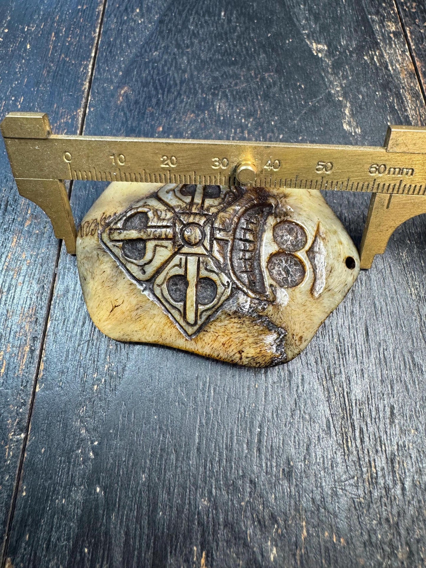 Hand Carved Deer Bone Amulet, Three Realms Symbol, Charnel Ground Skull & Vajra Motif, Tibetan Himalayan Protective Pendant