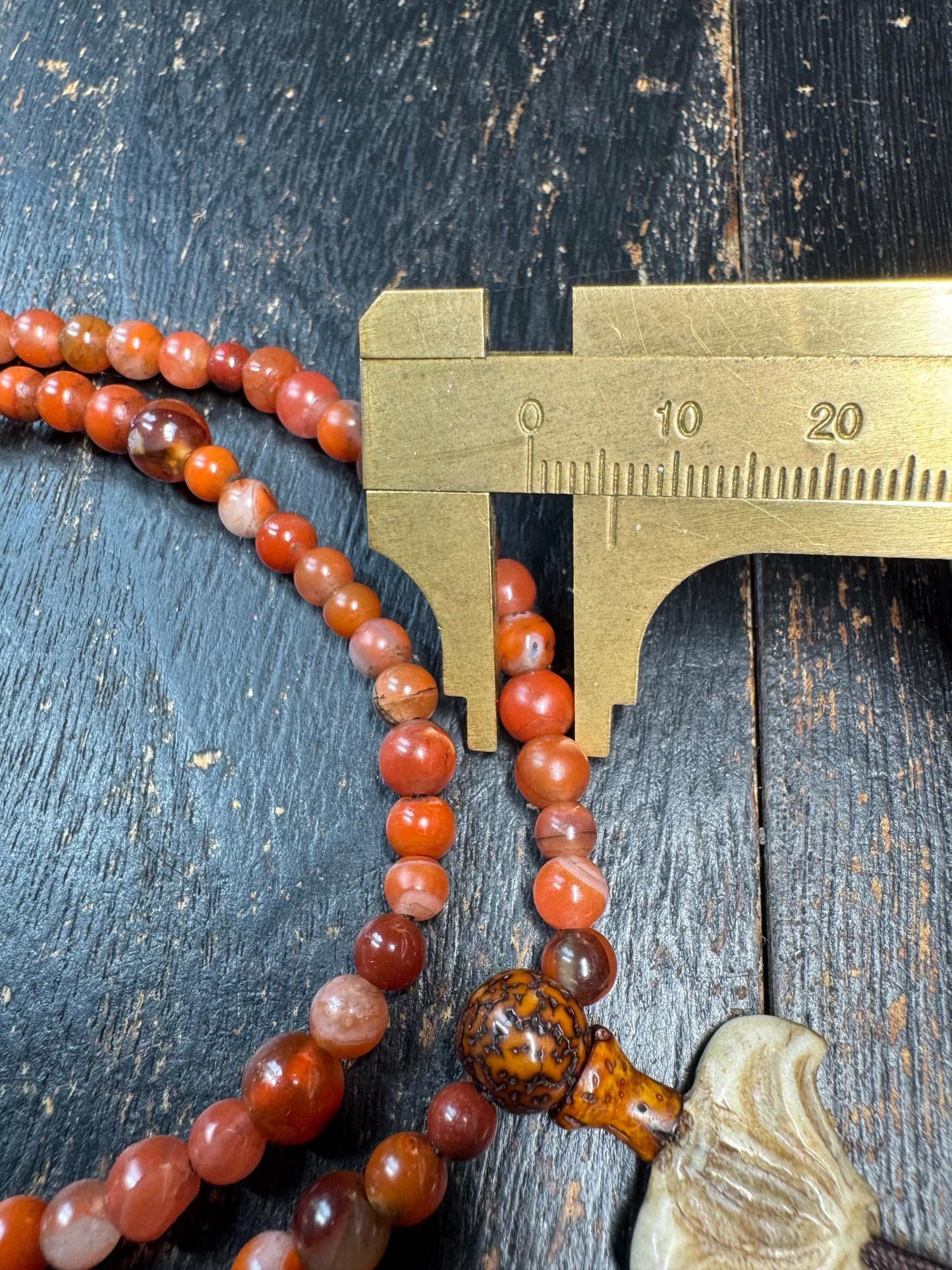 Mini Nanhong Agate 108 Mala Necklace | Fine Small Bead Red Agate Mala | Bodhi Guru Bead | Deer Antler Bat Pendant | Meditation Jewelry