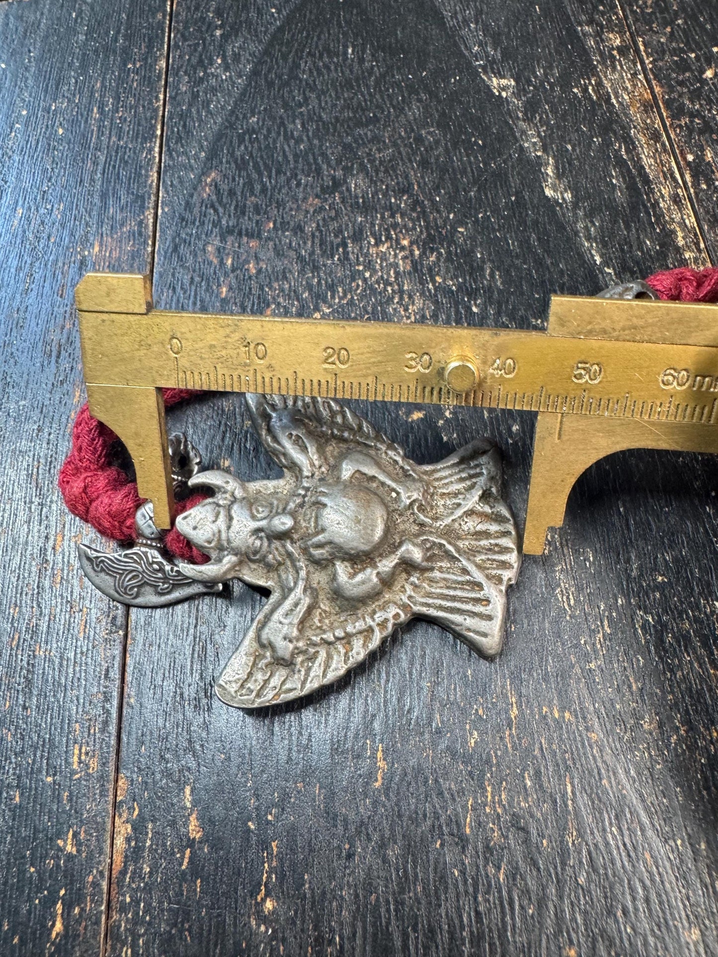 Vintage Cold Iron Garuda Pendant Necklace, Charnel Ground Style Amulet, Tibetan Inspired Thokcha Pendant, Citipati Bead & Ritual Axe Charm