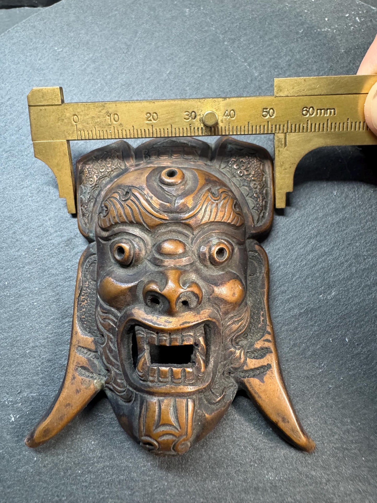 Vintage Brass Guardian Mask Pendant | Wrathful Deity Face Amulet | Tibetan Himalayan Ritual Style Wall Ornament | Taotie Beast Mask