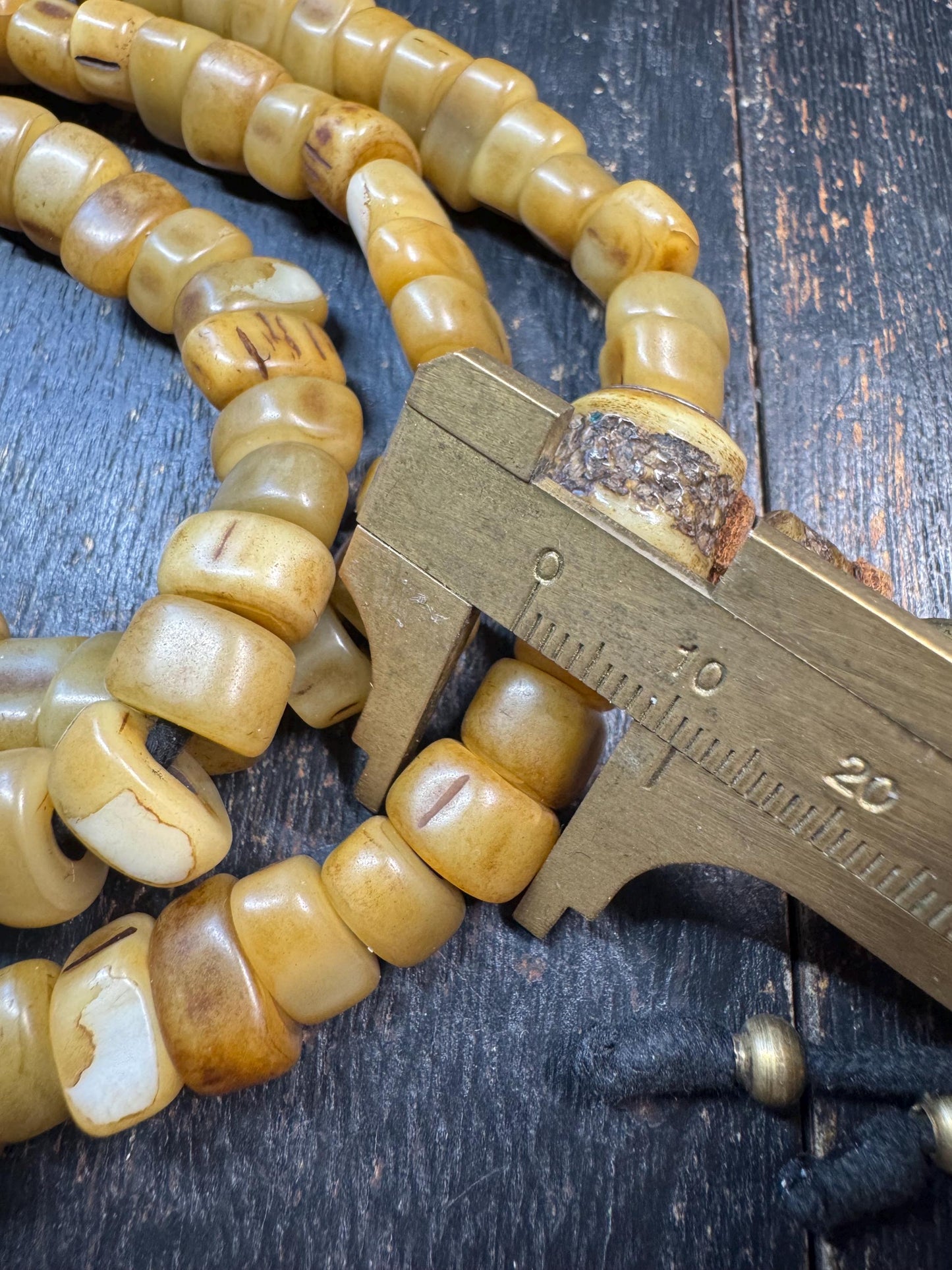 108 Camel Tooth Mala with Yak Bone Skull Guru Bead & Copper Accents | 13mm Tibetan Cemetery Style Bone Prayer Beads