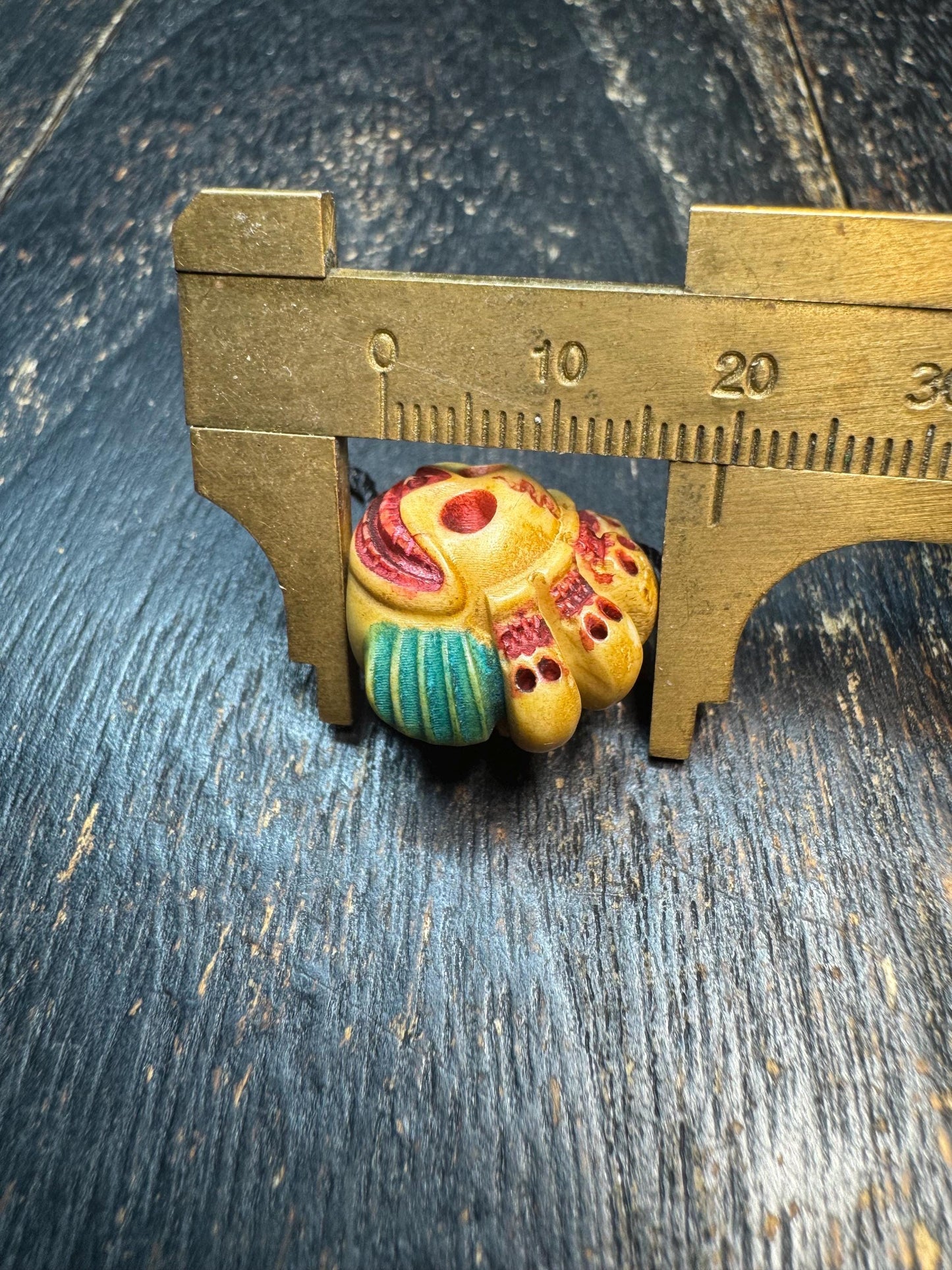 Hand Carved Skull Crown Face Bead Pendant, Deer Antler Tibetan Style Mask Charm, Color Accented Mala Guru Bead, Himalayan Gothic Amulet