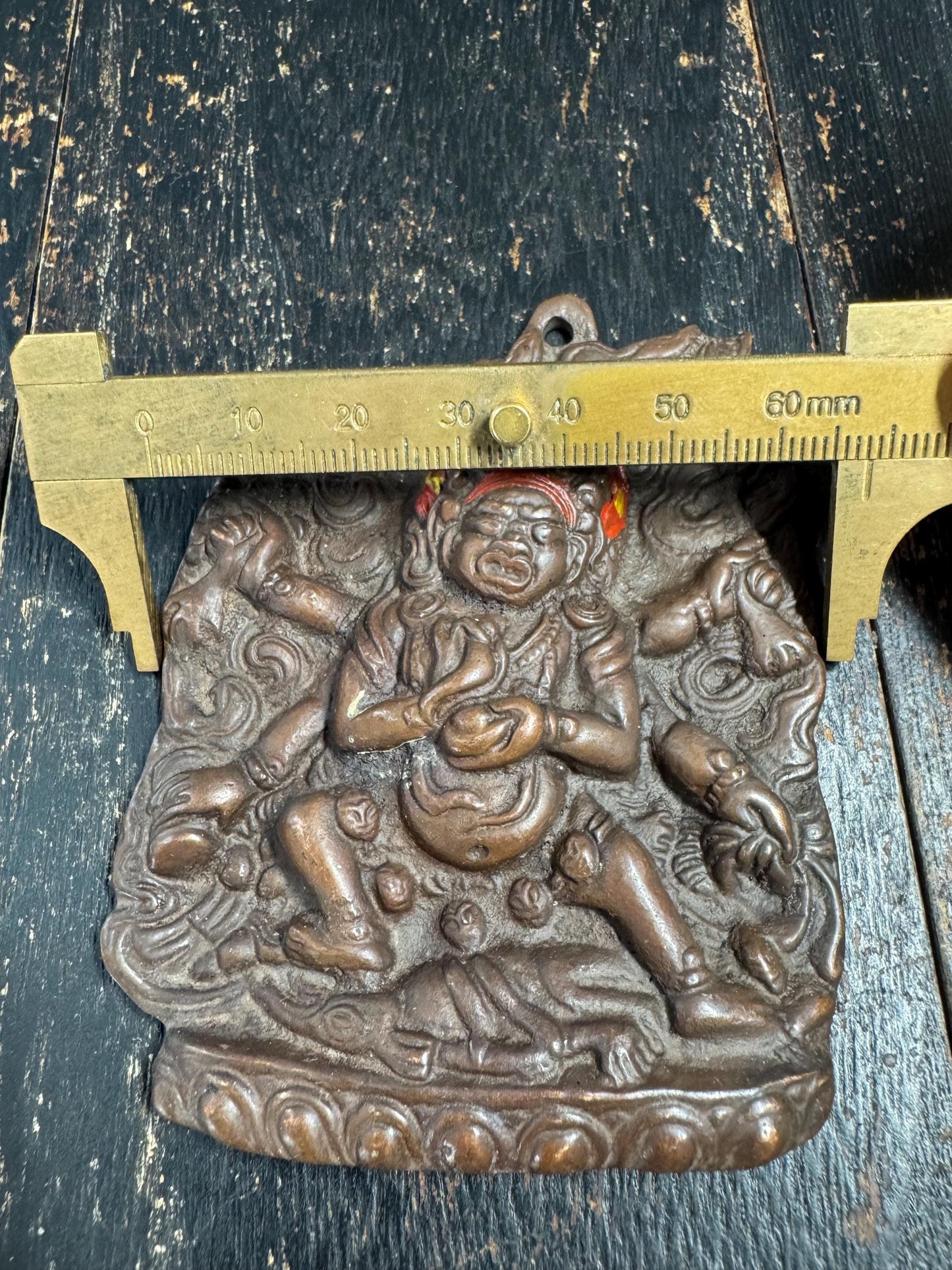 Old Tibetan Bronze Mahakala Amulet Plaque, Wrathful Protector Deity Relief, Buddhist Temple Talisman, Antique Shrine Pendant(H848)