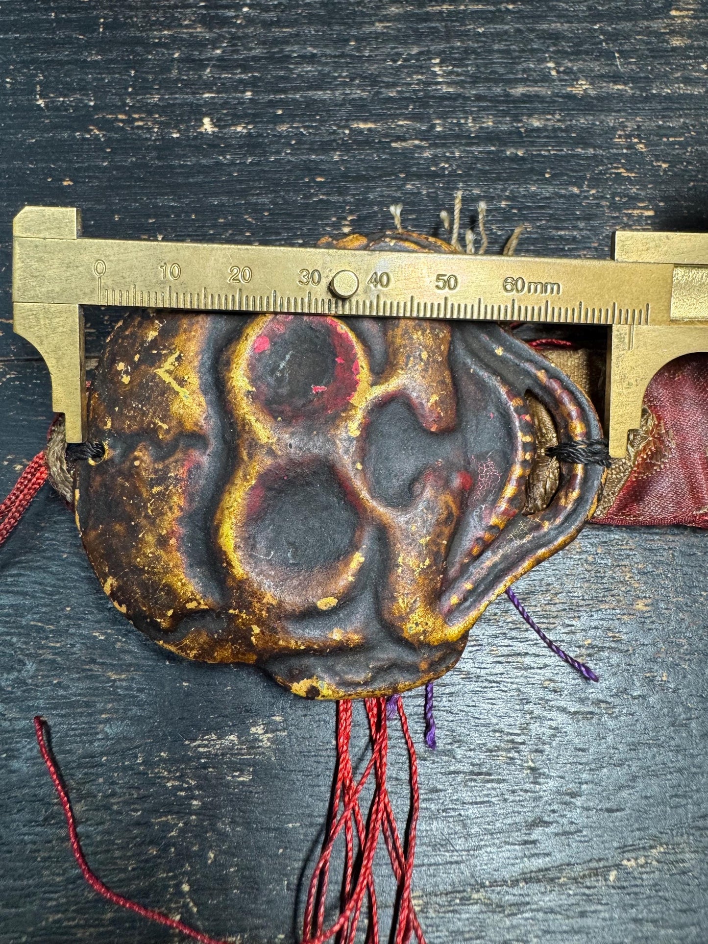 Antique Tibetan Wrathful Protector Mask Amulet | Himalayan Ritual Hanging, Hand Painted Guardian Mask, Silk Brocade Buddhist Talisman(H785)