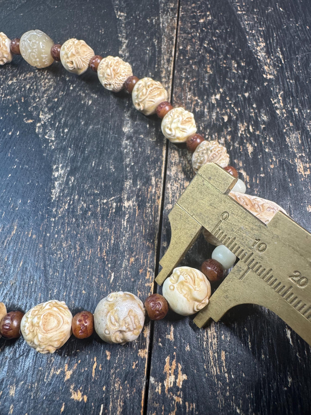 14” Deer Antler 18 Arhat Hand Mala, Carved Luohan Prayer Beads, Horn Spacer Beads, Wrathful Face Guru Bead, Tibetan Buddhist Mala(H962)