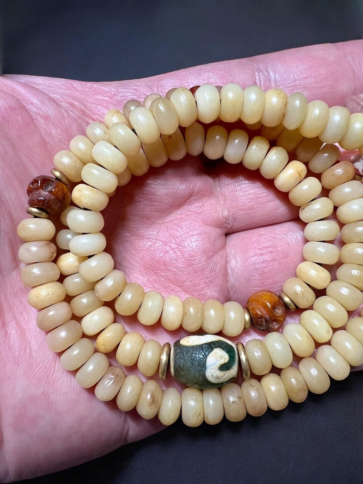 Handmade Yak Bone Mala: Adjustable Tibetan Prayer Beads with Dzi Bead