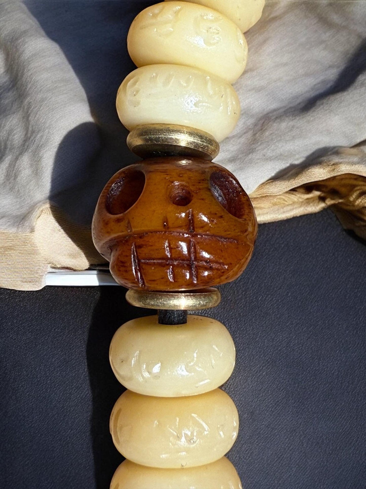 Tibetan Yak Bone Wrist Mala: Om Mani Mantra, Agate & Citipati Skull