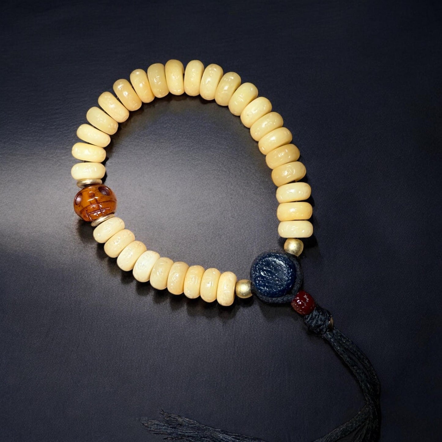 Tibetan Yak Bone Wrist Mala: Om Mani Mantra, Agate & Citipati Skull