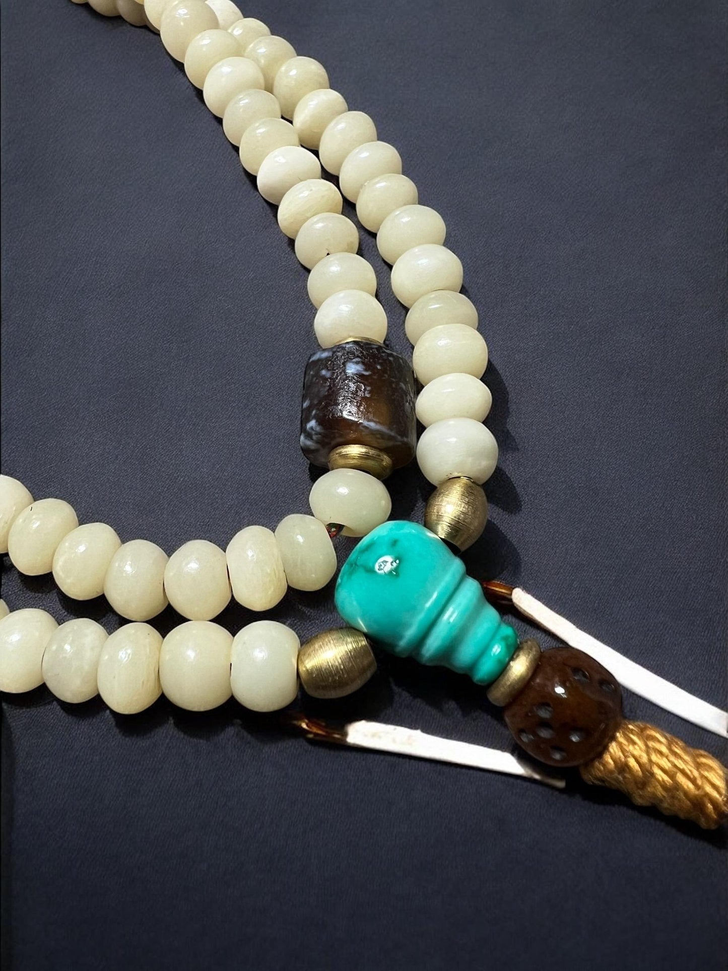 Tibetan Yak Bone Mala Prayer Beads: Turquoise, Agate, Bodhi Seed