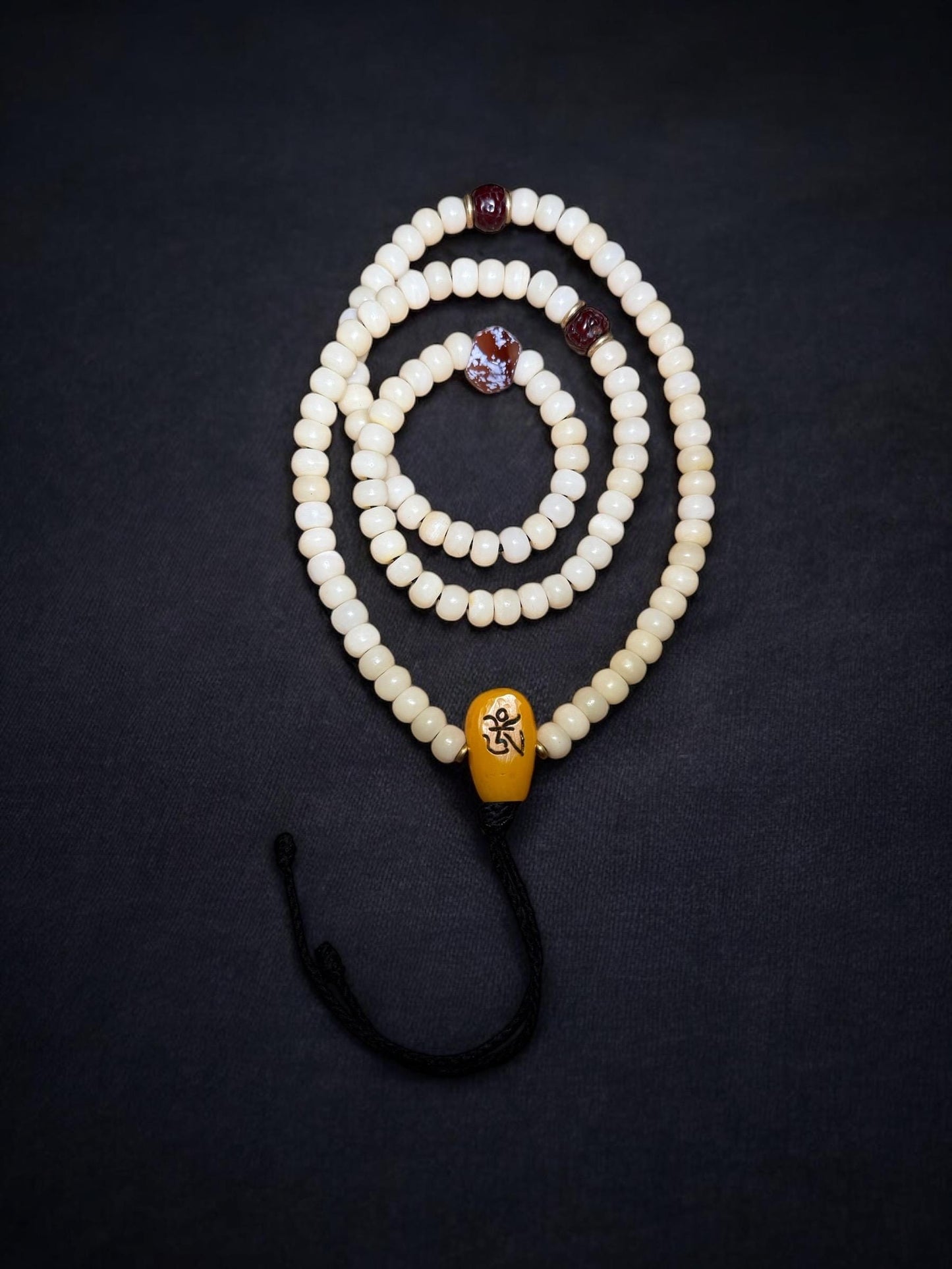 Yak Bone Mala: 108 Prayer Beads with Agate & Bodhi Accents