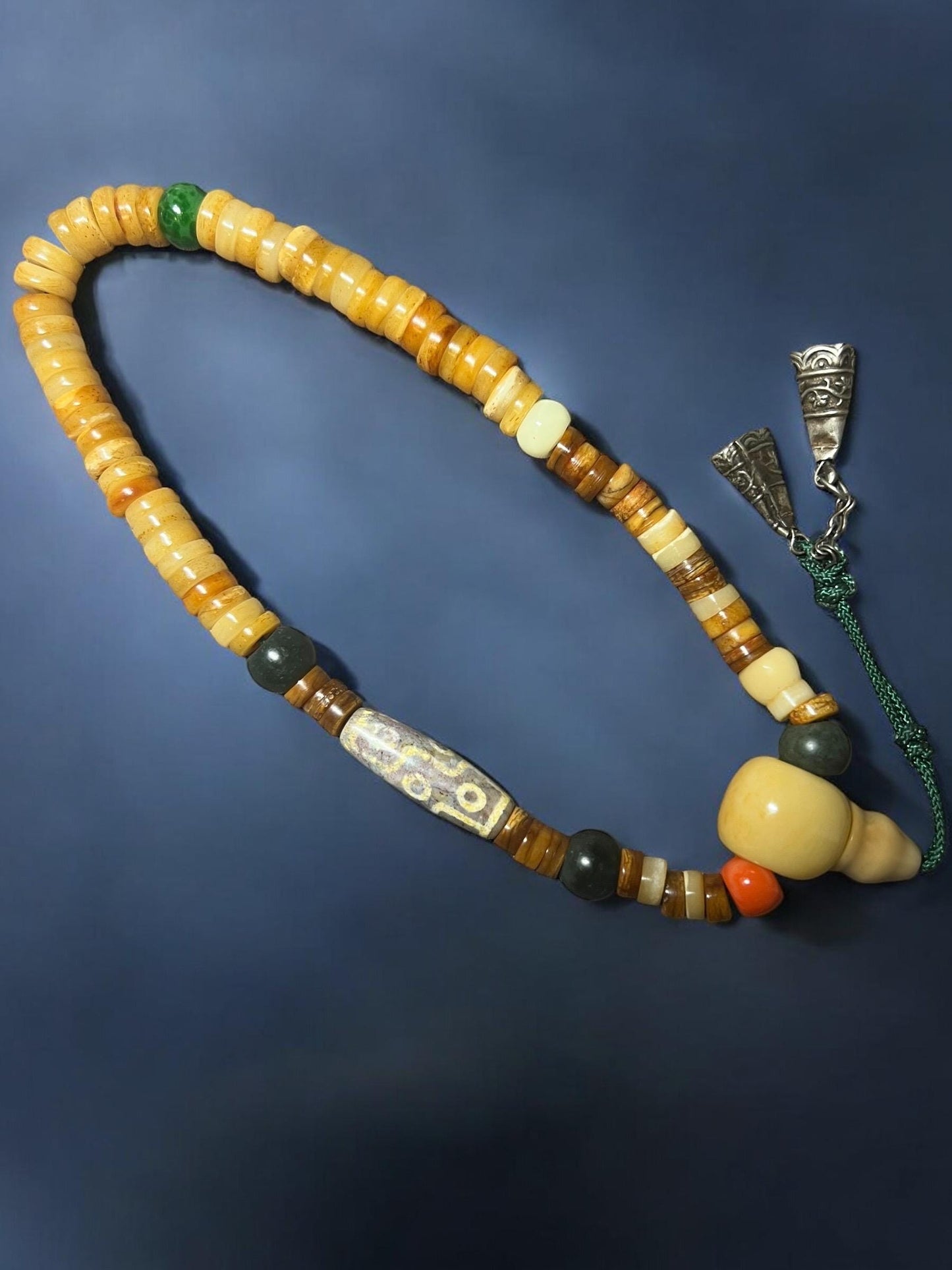 Handmade Tibetan Mala: Nine-Eyed Agate Dzi Bead, Yak Bone & Resin Prayer Beads