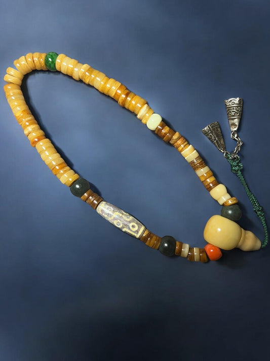 Handmade Tibetan Mala: Nine-Eyed Agate Dzi Bead, Yak Bone & Resin Prayer Beads
