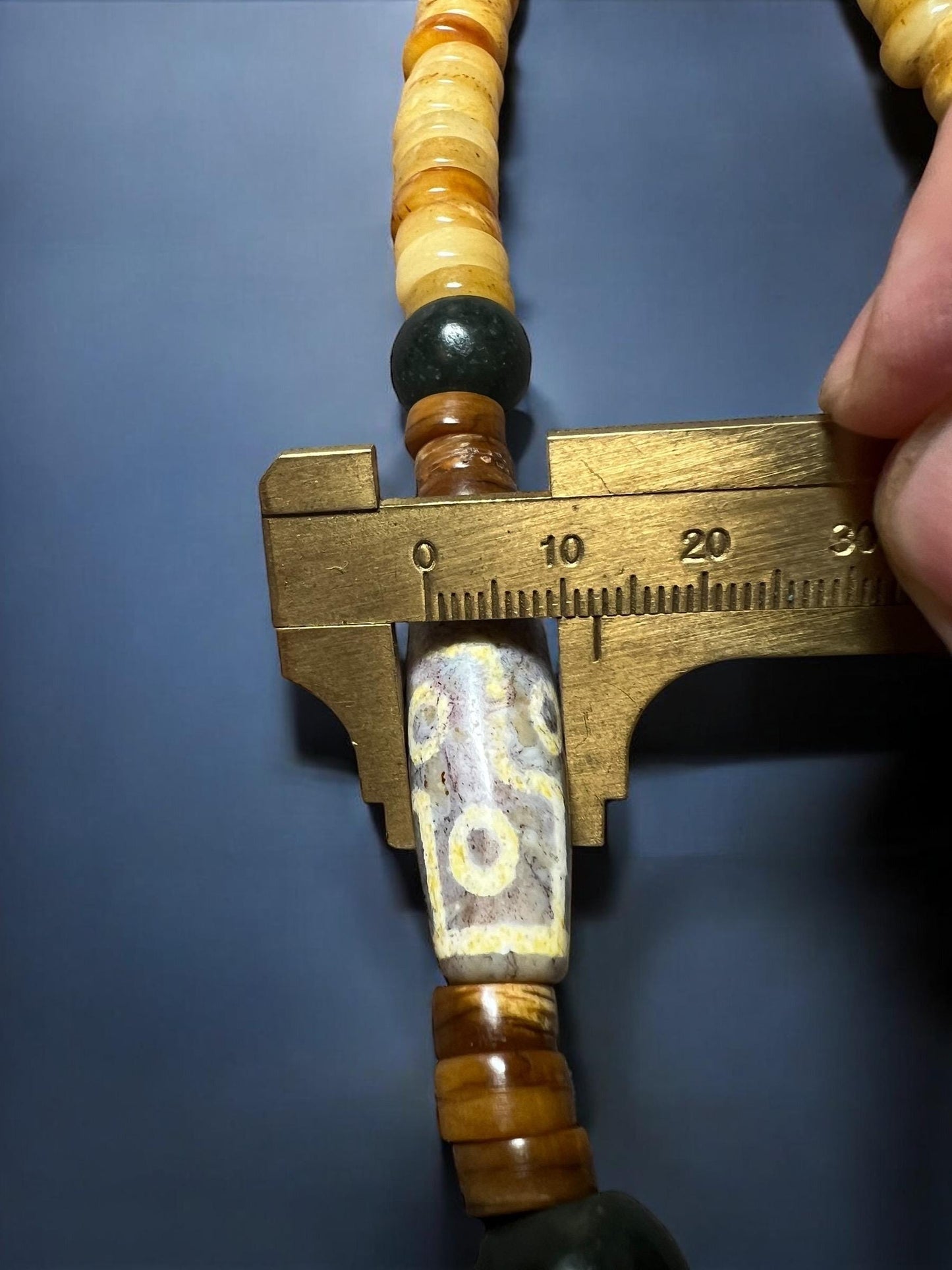 Handmade Tibetan Mala: Nine-Eyed Agate Dzi Bead, Yak Bone & Resin Prayer Beads