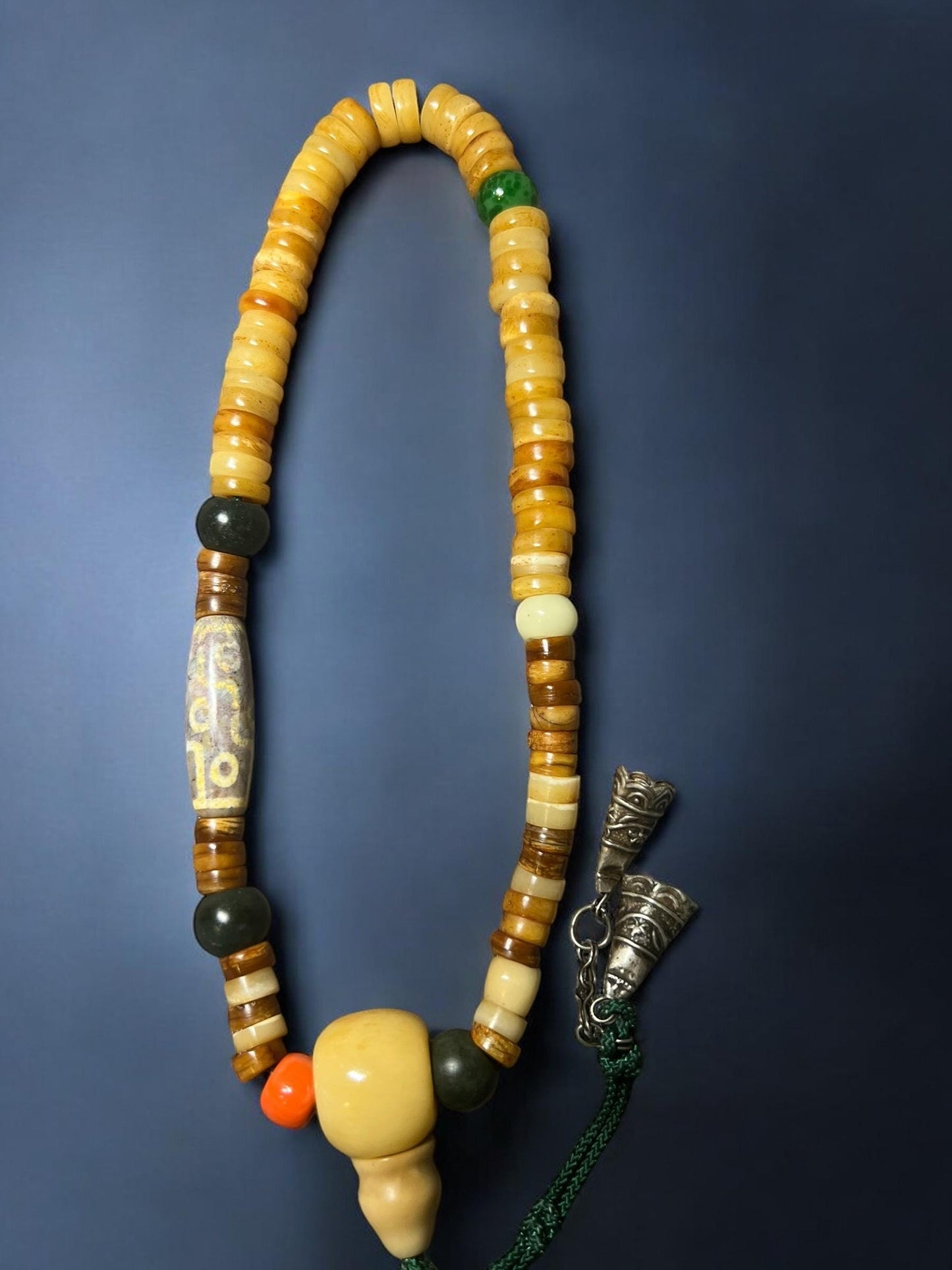 Handmade Tibetan Mala: Nine-Eyed Agate Dzi Bead, Yak Bone & Resin Prayer Beads