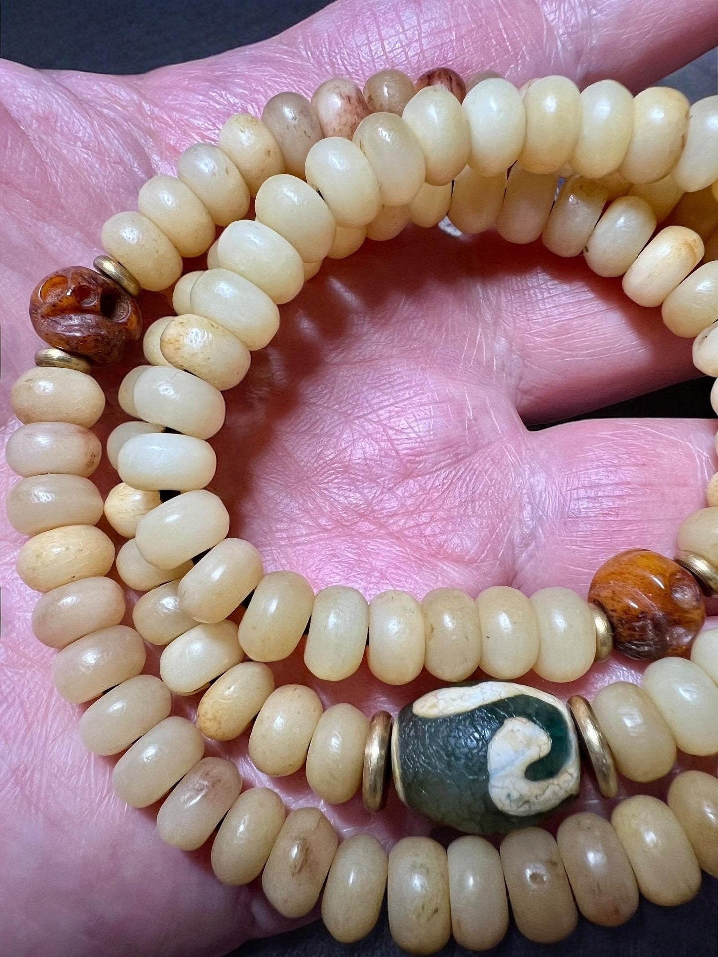 Handmade Yak Bone Mala: Adjustable Tibetan Prayer Beads with Dzi Bead