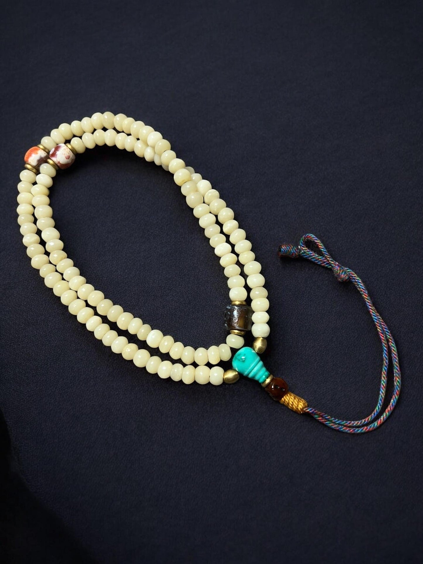 Tibetan Yak Bone Mala Prayer Beads: Turquoise, Agate, Bodhi Seed