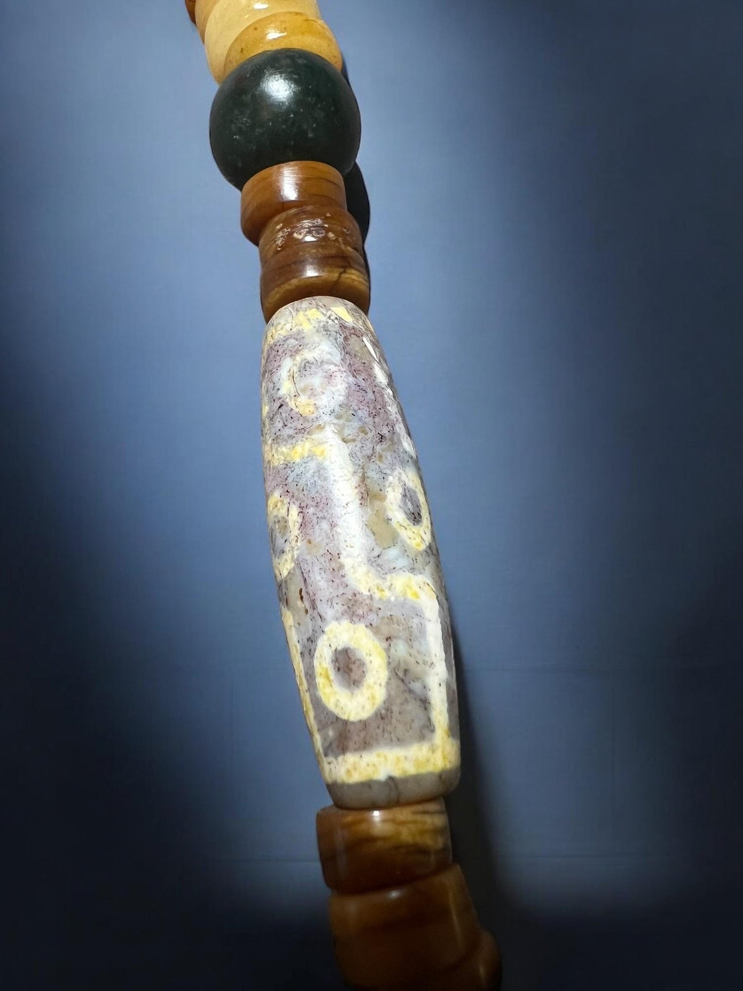 Handmade Tibetan Mala: Nine-Eyed Agate Dzi Bead, Yak Bone & Resin Prayer Beads