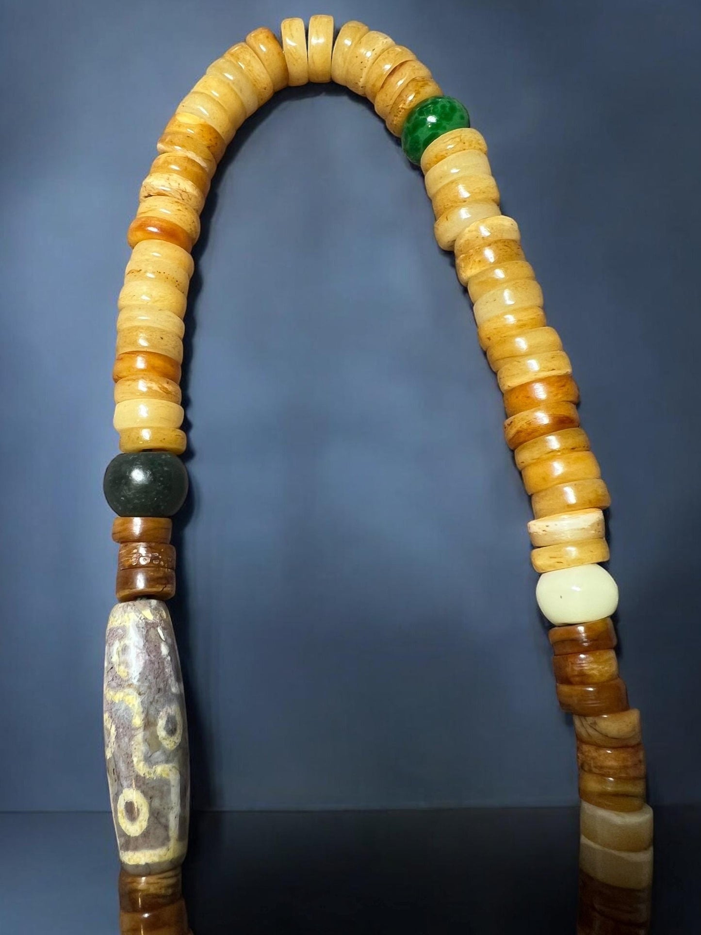 Handmade Tibetan Mala: Nine-Eyed Agate Dzi Bead, Yak Bone & Resin Prayer Beads
