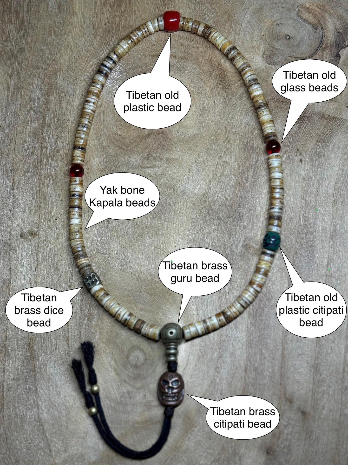 Tibetan Yak Bone Mala: Brass Kapala, Vintage Glass Inlays, Handmade Prayer Beads