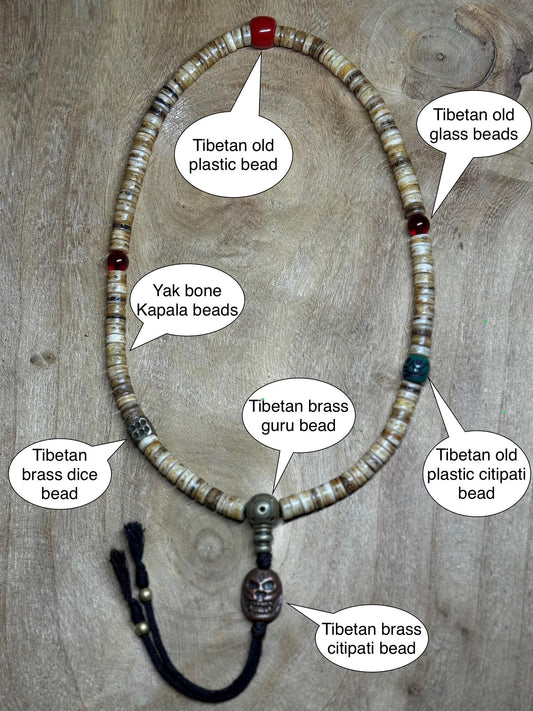 Tibetan Yak Bone Mala: Brass Kapala, Vintage Glass Inlays, Handmade Prayer Beads