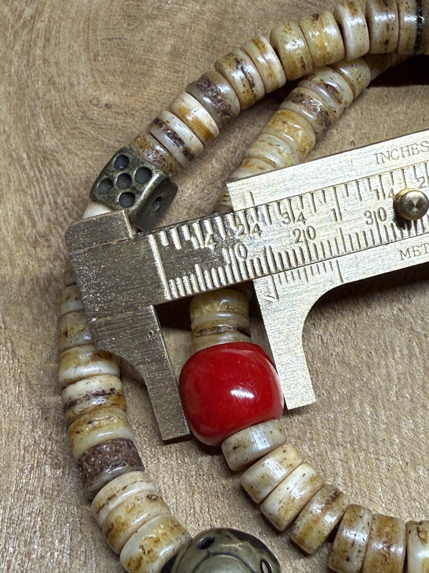 Tibetan Yak Bone Mala: Brass Kapala, Vintage Glass Inlays, Handmade Prayer Beads