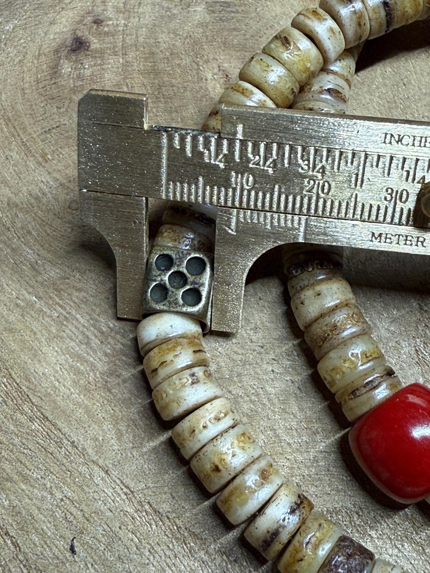 Tibetan Yak Bone Mala: Brass Kapala, Vintage Glass Inlays, Handmade Prayer Beads