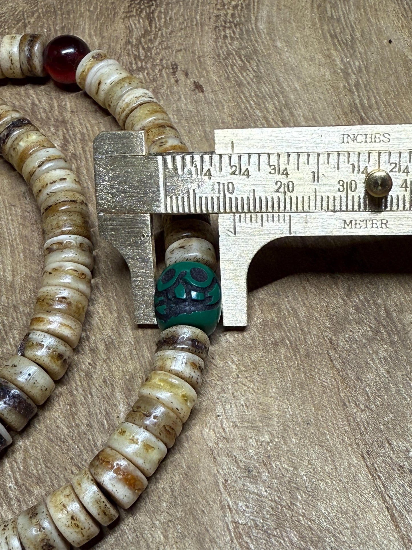 Tibetan Yak Bone Mala: Brass Kapala, Vintage Glass Inlays, Handmade Prayer Beads