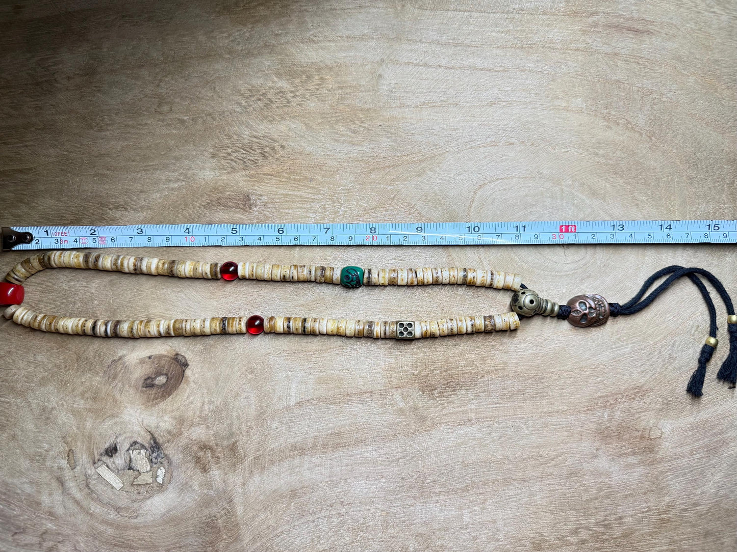 Tibetan Yak Bone Mala: Brass Kapala, Vintage Glass Inlays, Handmade Prayer Beads