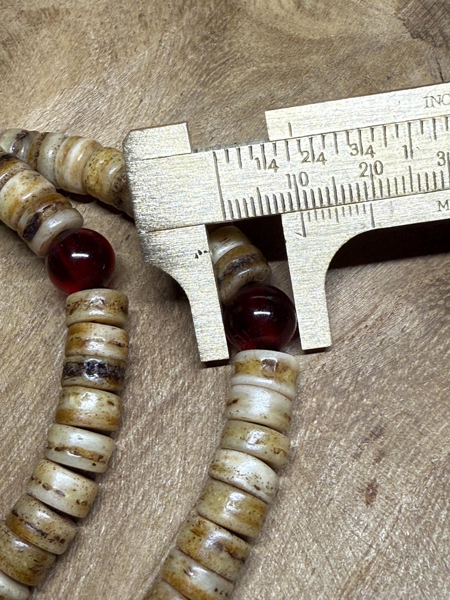 Tibetan Yak Bone Mala: Brass Kapala, Vintage Glass Inlays, Handmade Prayer Beads