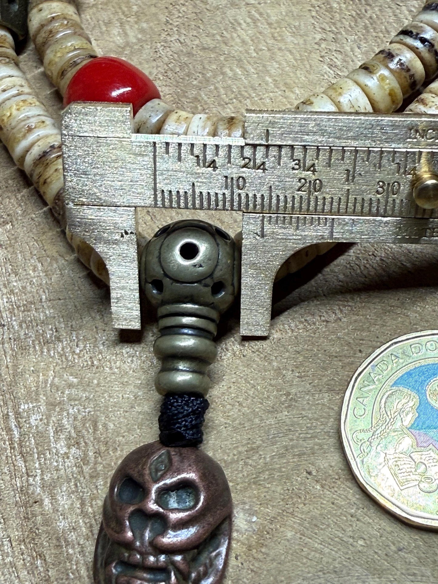 Tibetan Yak Bone Mala: Brass Kapala, Vintage Glass Inlays, Handmade Prayer Beads