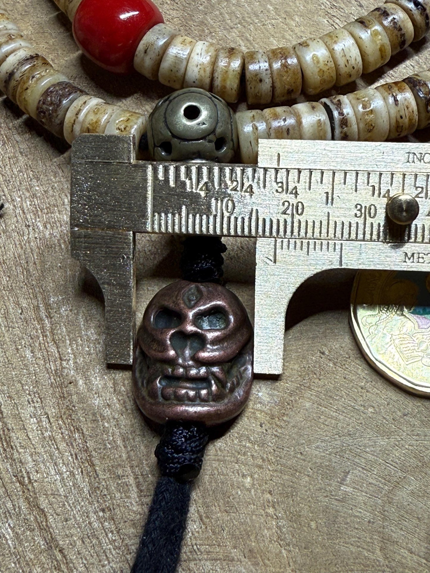 Tibetan Yak Bone Mala: Brass Kapala, Vintage Glass Inlays, Handmade Prayer Beads