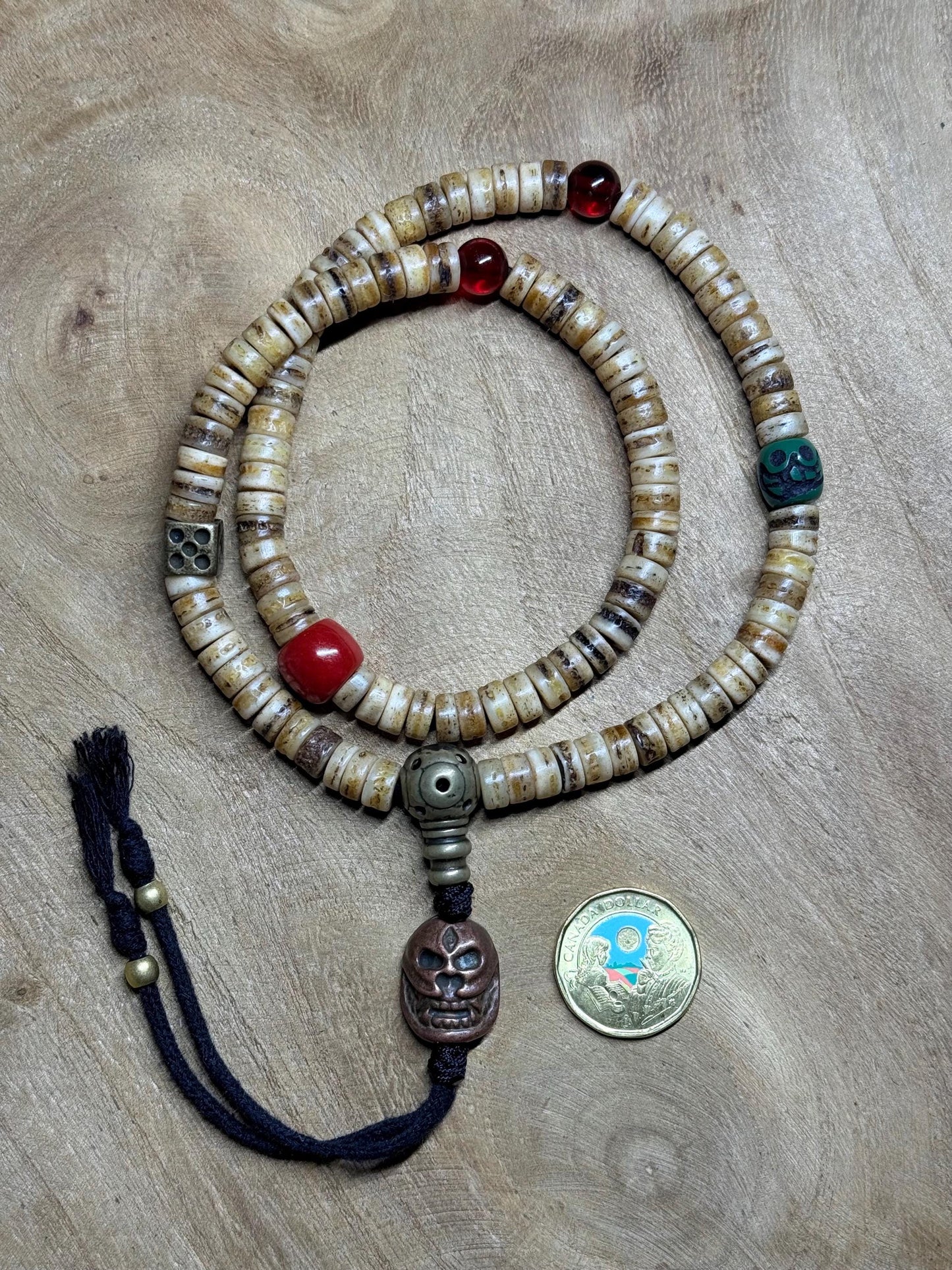 Tibetan Yak Bone Mala: Brass Kapala, Vintage Glass Inlays, Handmade Prayer Beads